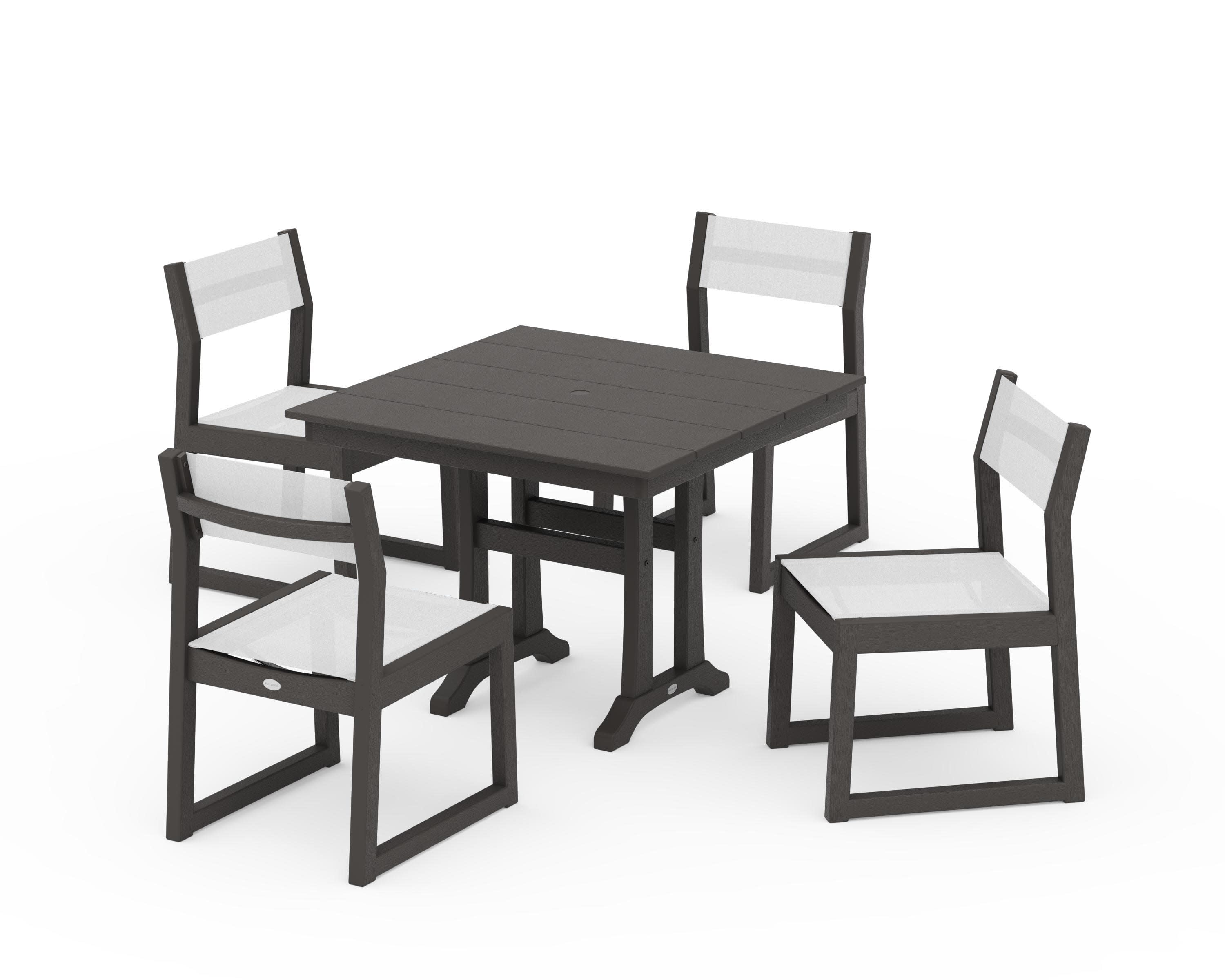 EDGE Sling 5-Piece Farmhouse Trestle Side Chair Dining Set in Vintage Coffee / White Sling