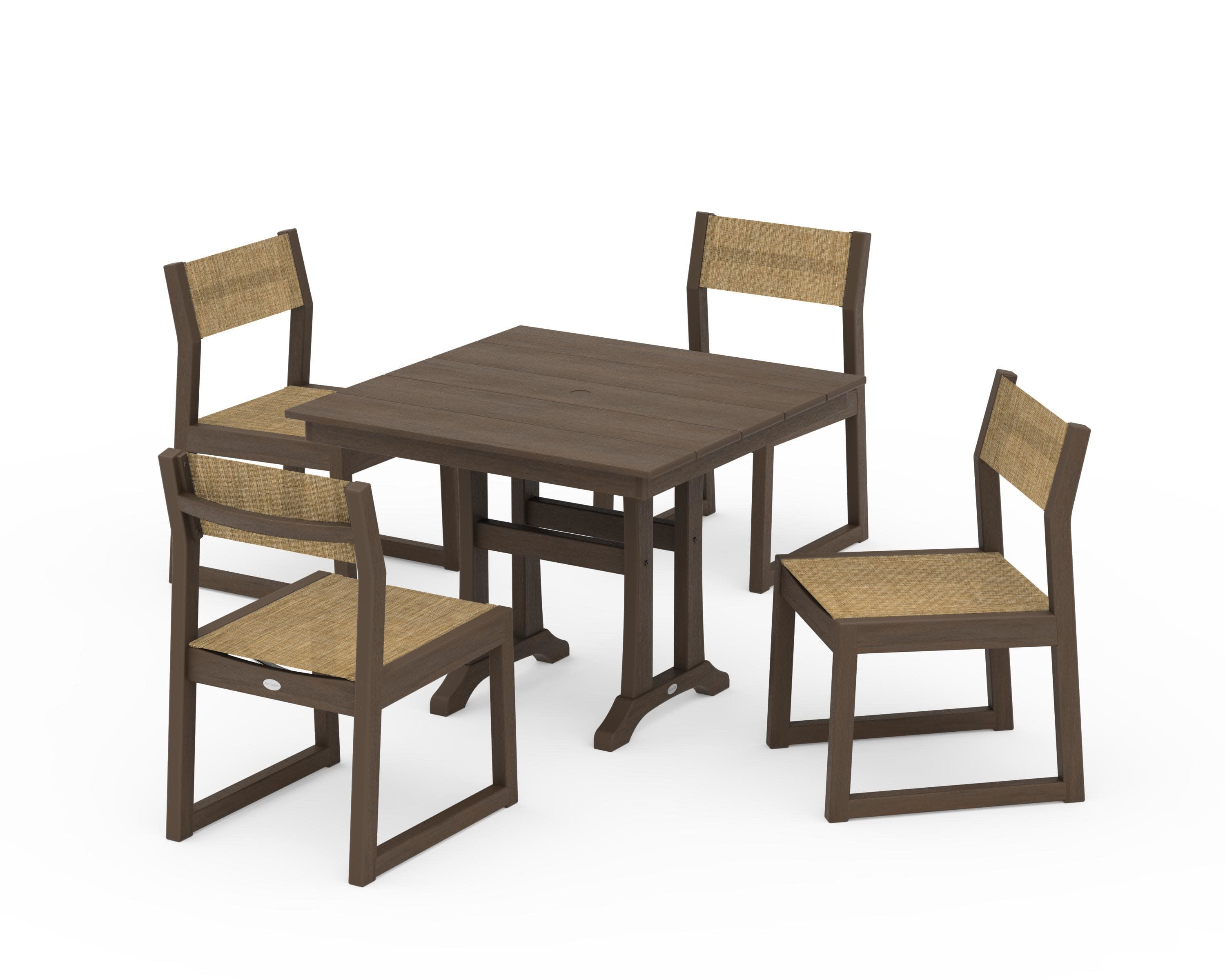 EDGE Sling 5-Piece Farmhouse Trestle Side Chair Dining Set in Kona / Burlap Sling