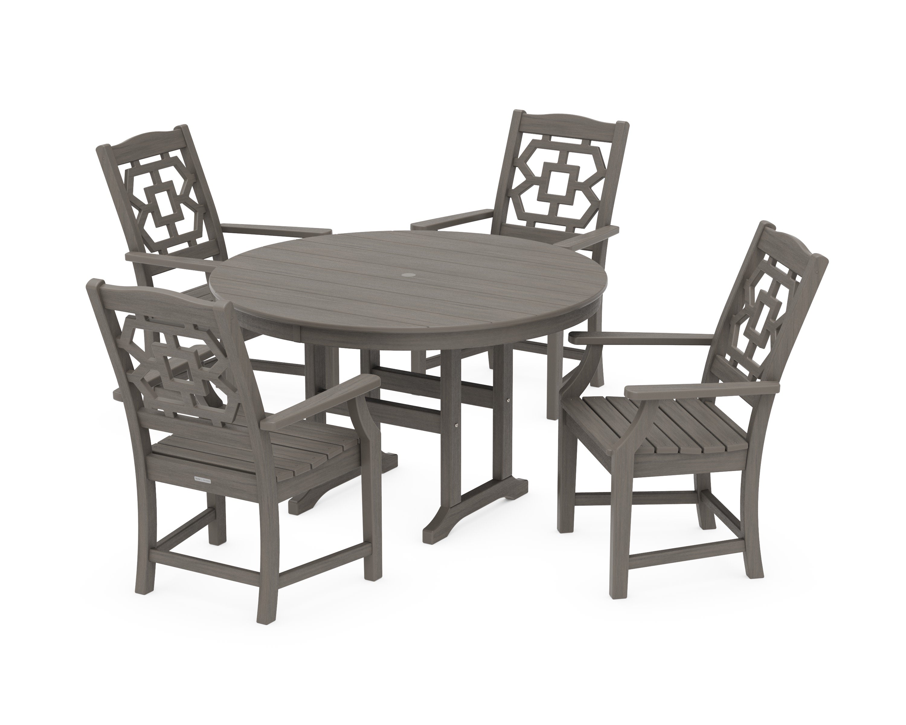 Chinoiserie 5-Piece Round Farmhouse Dining Set in Driftwood
