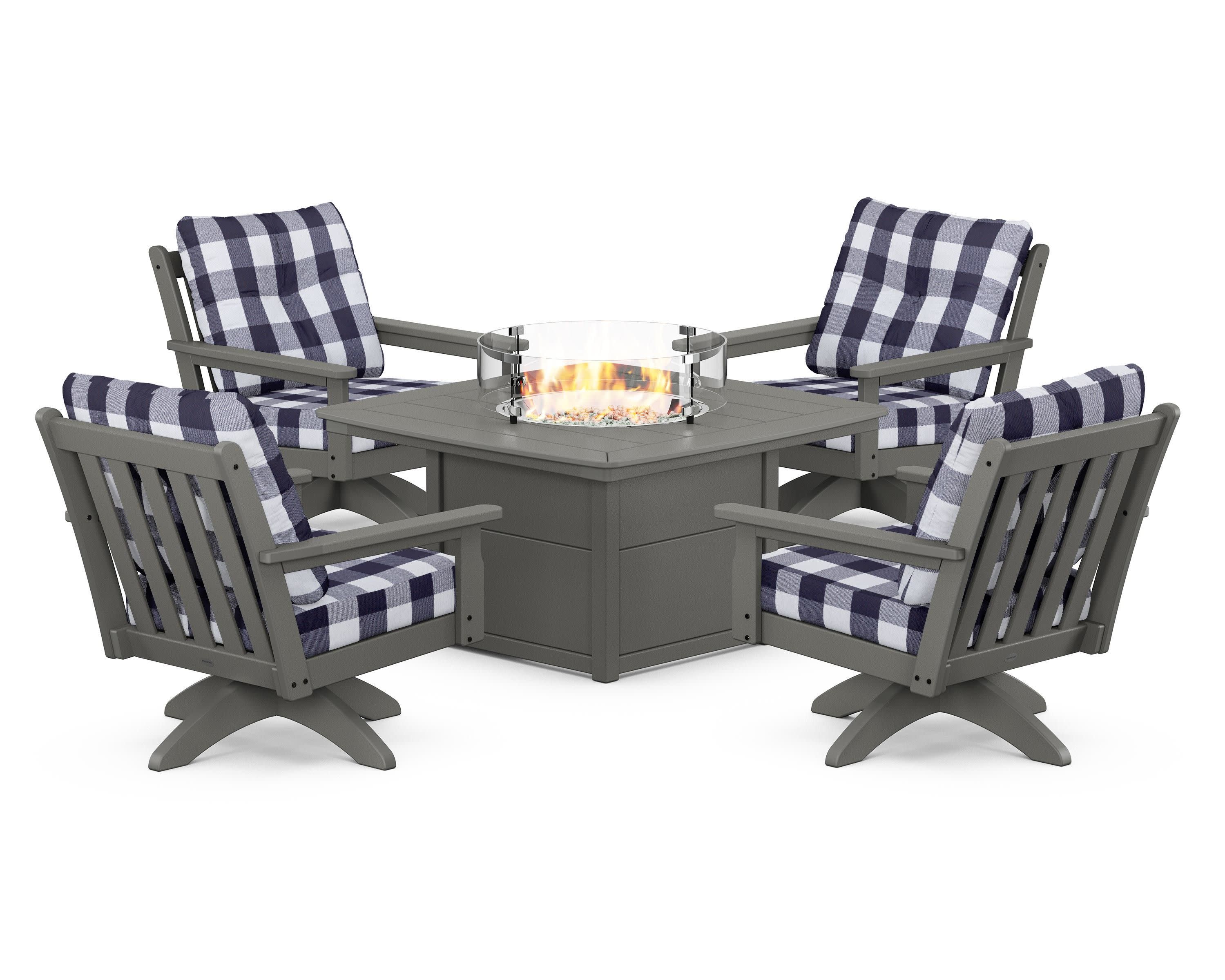 Vineyard 5-Piece Deep Seating Swivel Conversation Set with Fire Pit Table in Slate Grey / Buffalo Plaid Navy
