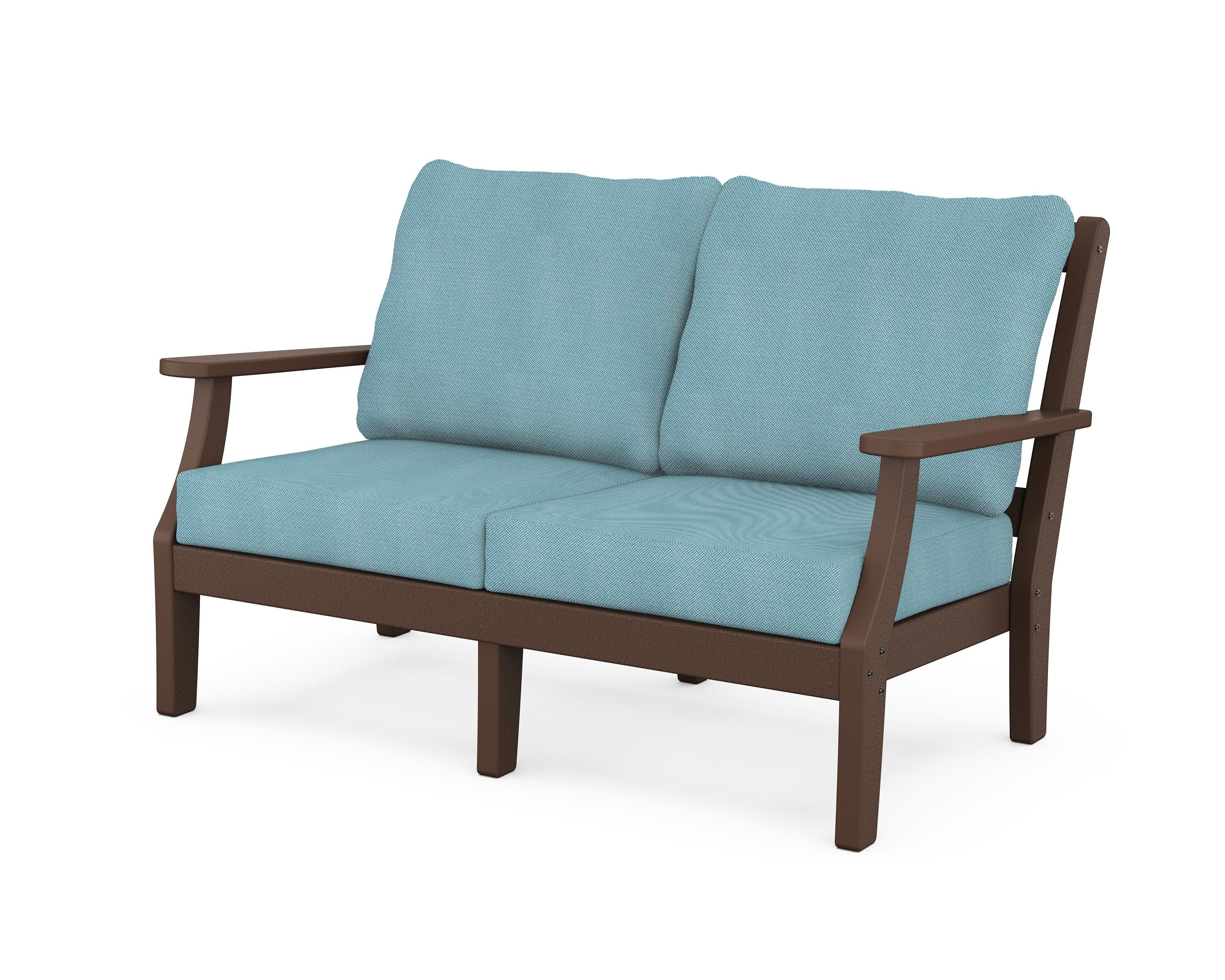 Chinoiserie Deep Seating Loveseat in Mahogany / Lattice Sky Blue
