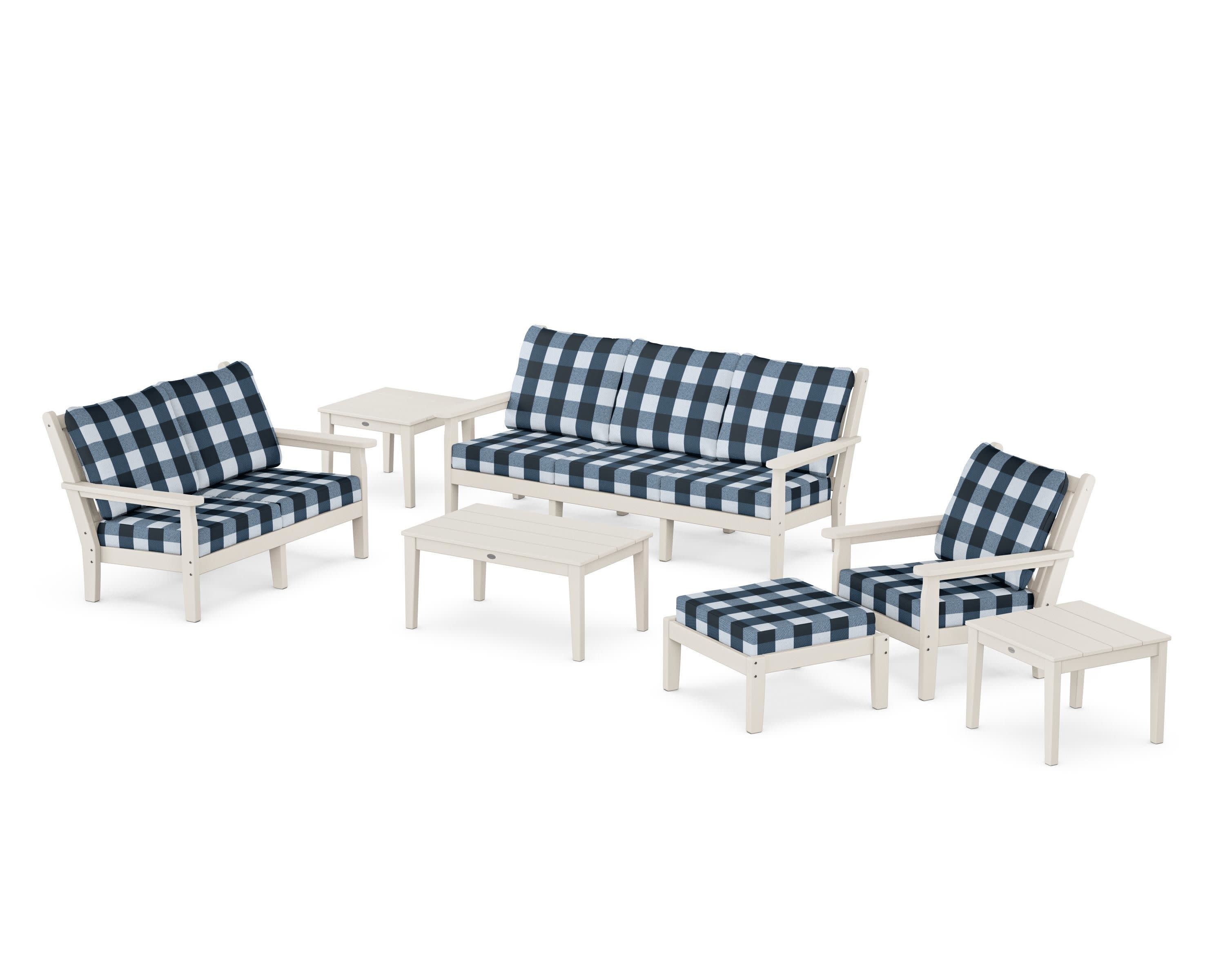 Chippendale 7-Piece Deep Seating Set in Sand / Buffalo Plaid Marine Indigo
