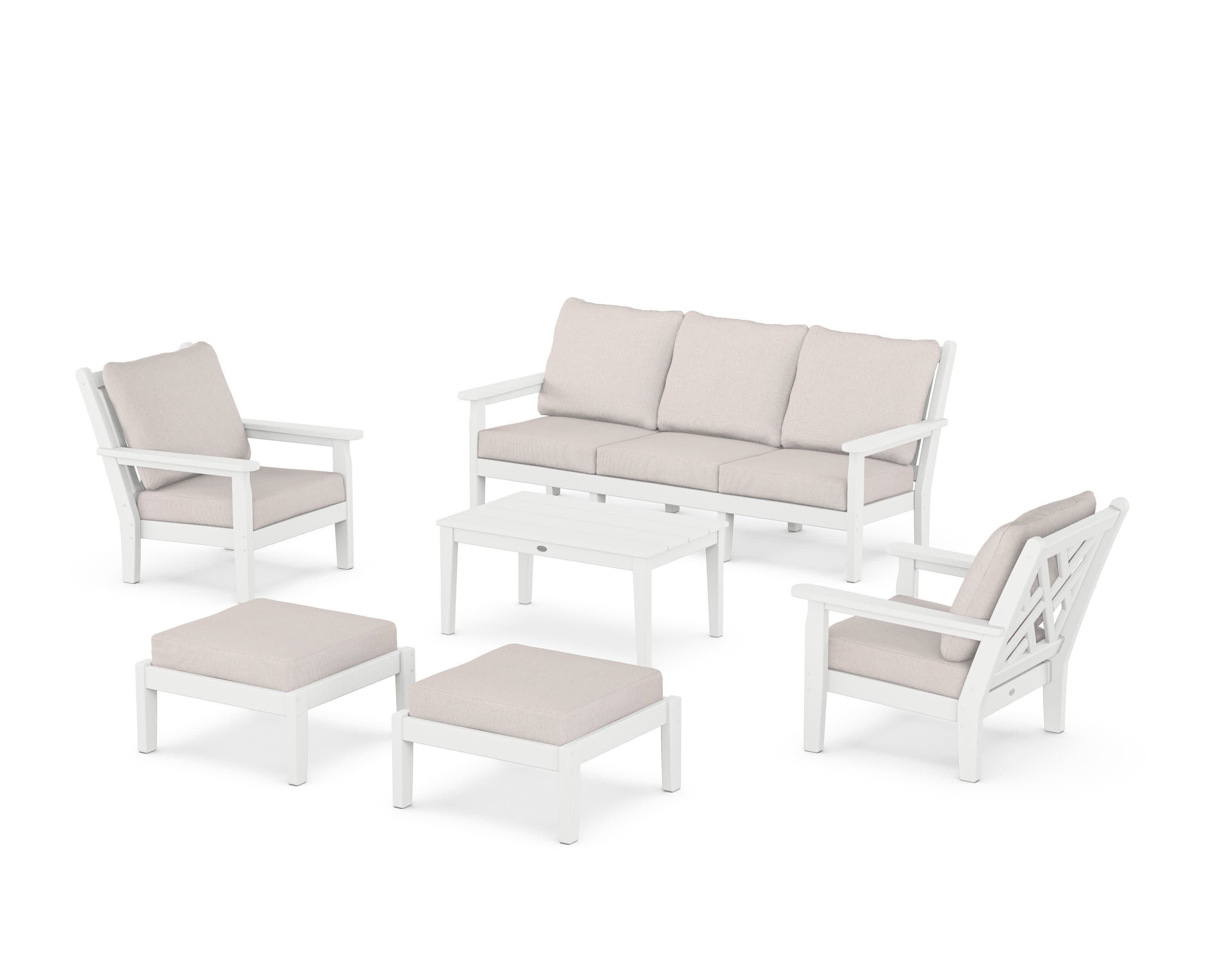Chippendale 6-Piece Lounge Sofa Set in White / Dune Burlap