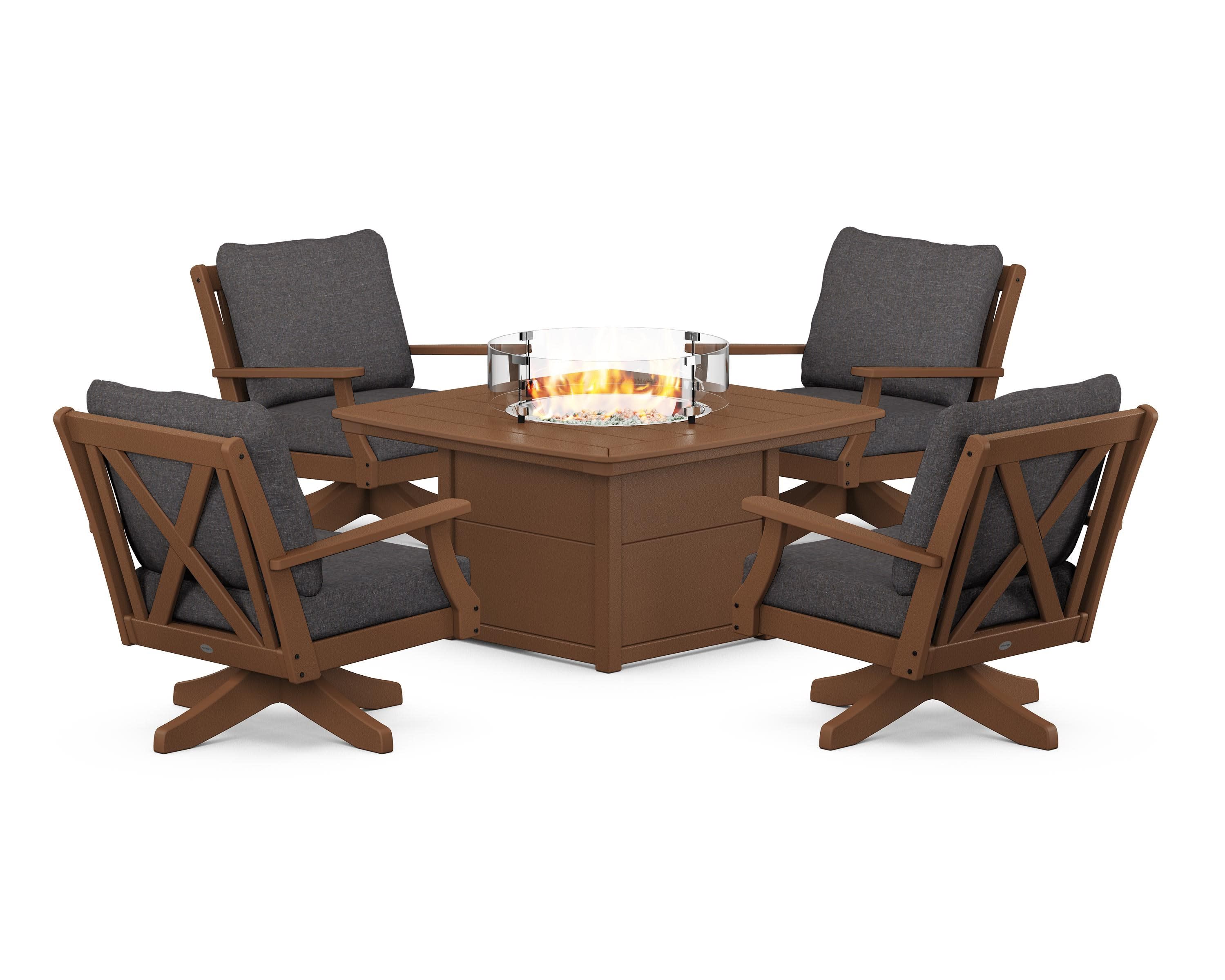 Braxton 5-Piece Deep Seating Swivel Conversation Set with Fire Pit Table in Teak / Ash Charcoal