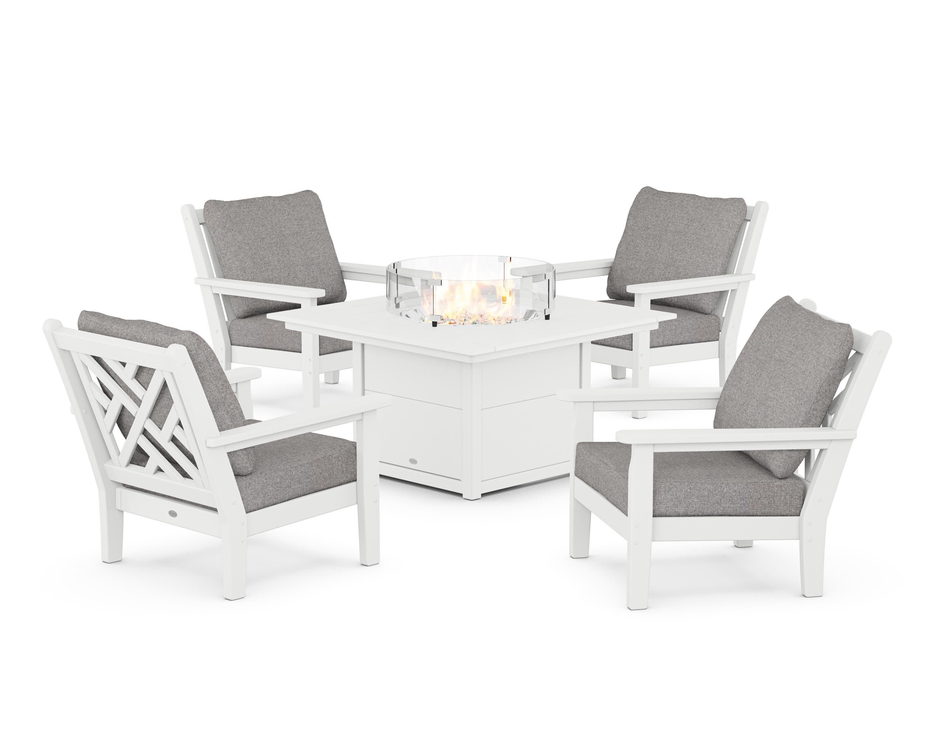 Chippendale 5-Piece Deep Seating Set with Fire Pit Table in White / Grey Mist