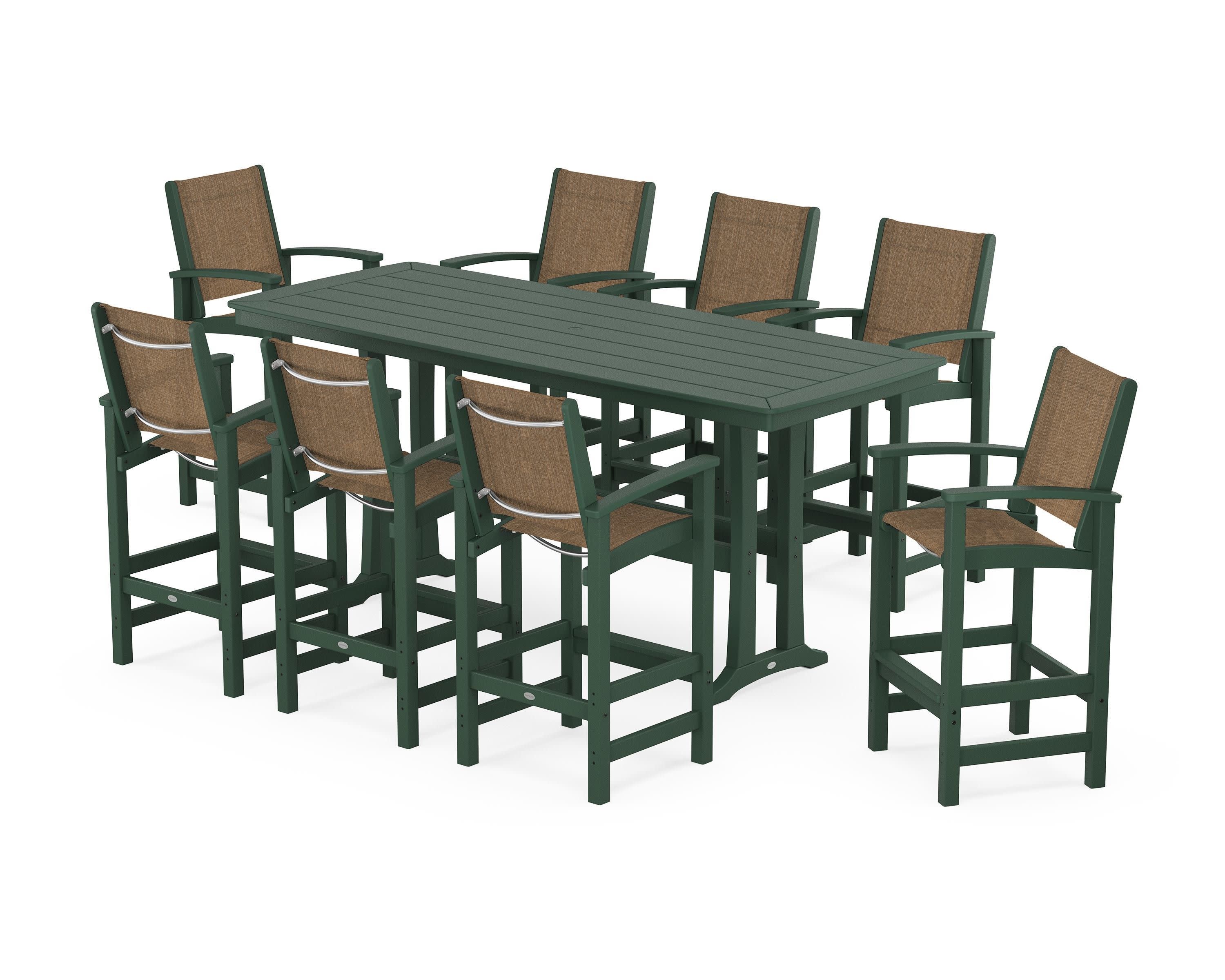 Coastal 9-Piece Bar Set with Trestle Legs in Green / Burlap Sling