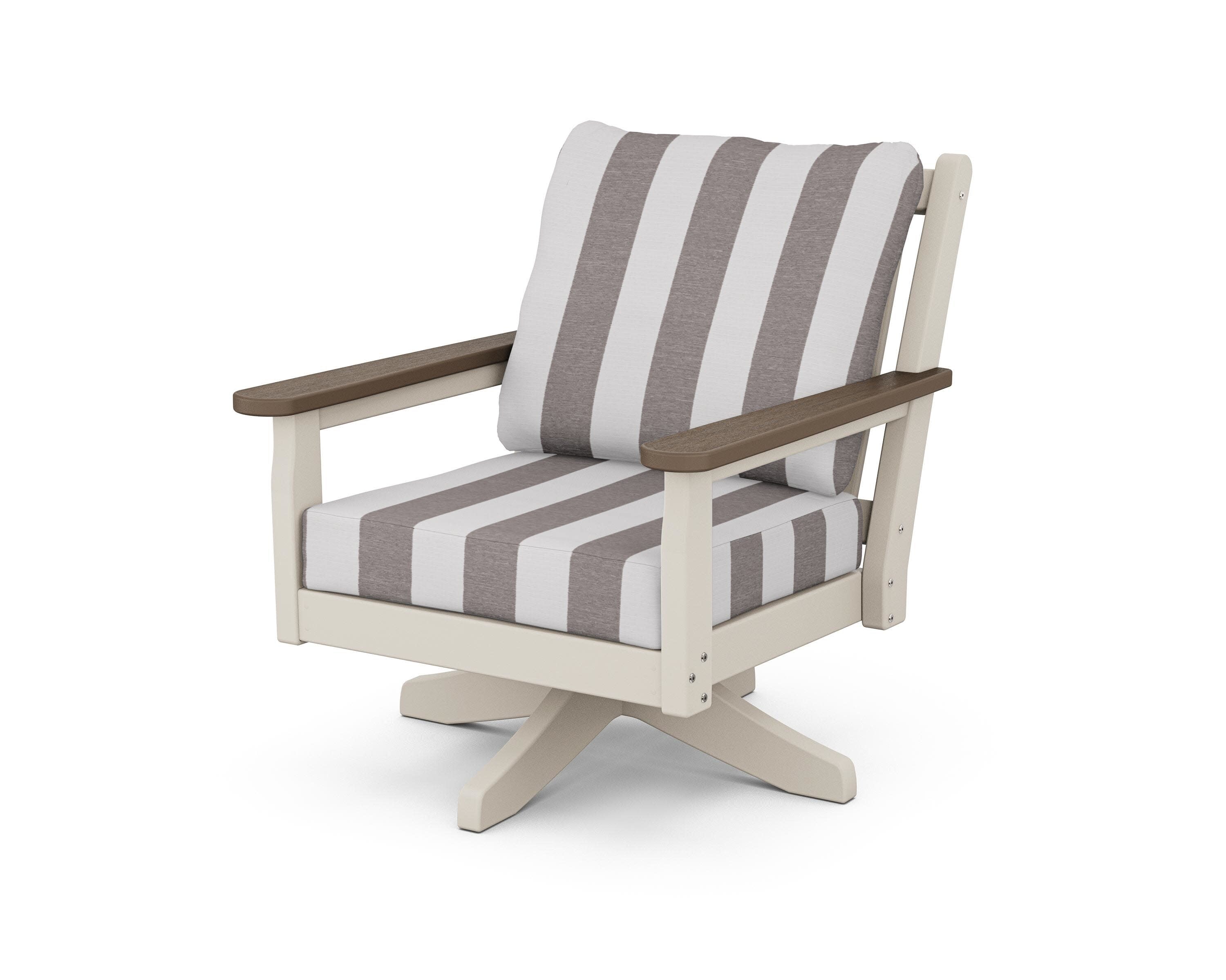 Chippendale Deep Seating Swivel Chair in Sand / Kona / Cabana Stripe Grey Mist