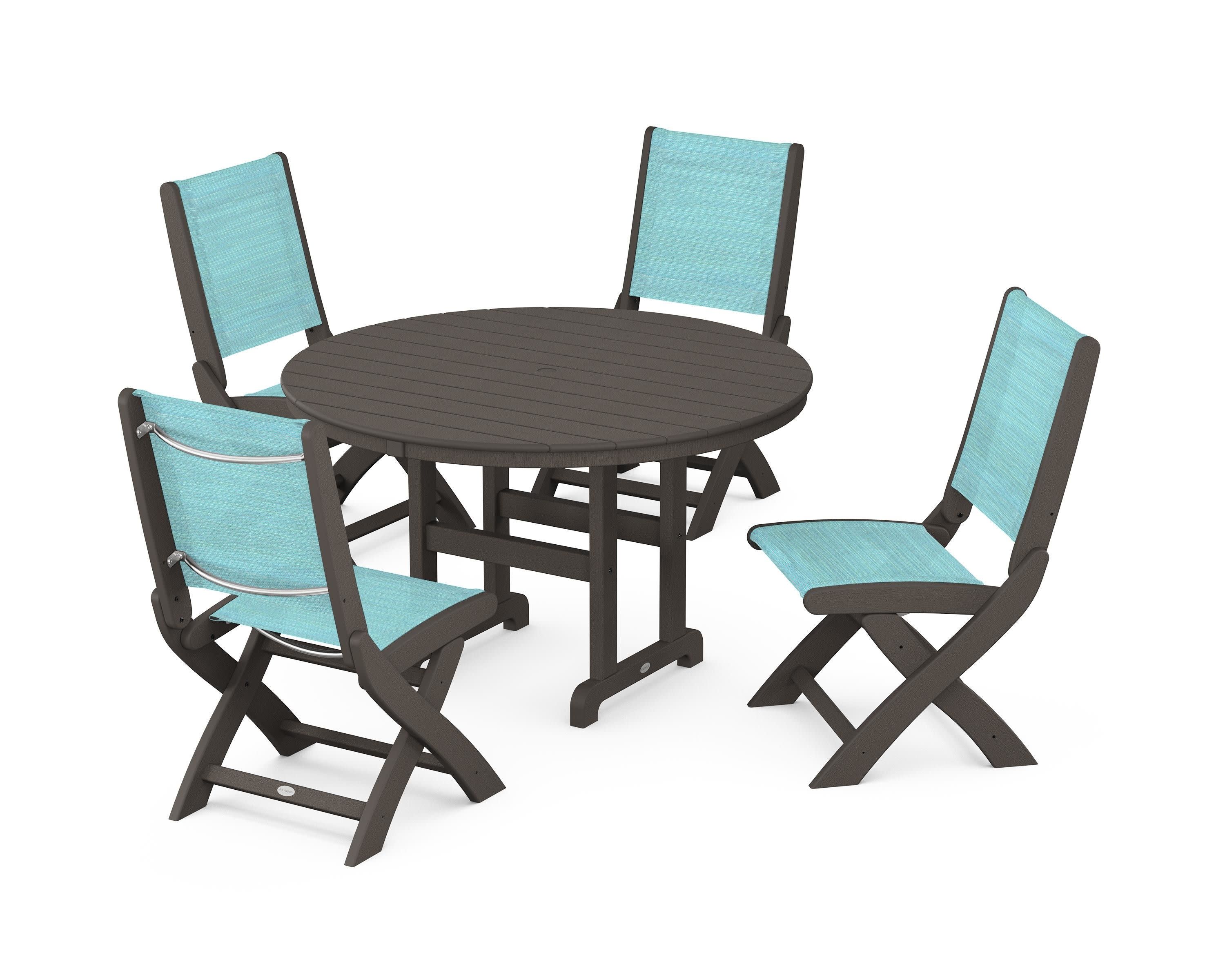Coastal Folding Side Chair 5-Piece Round Dining Set in Vintage Coffee / Dupioni Aquamarine Sling
