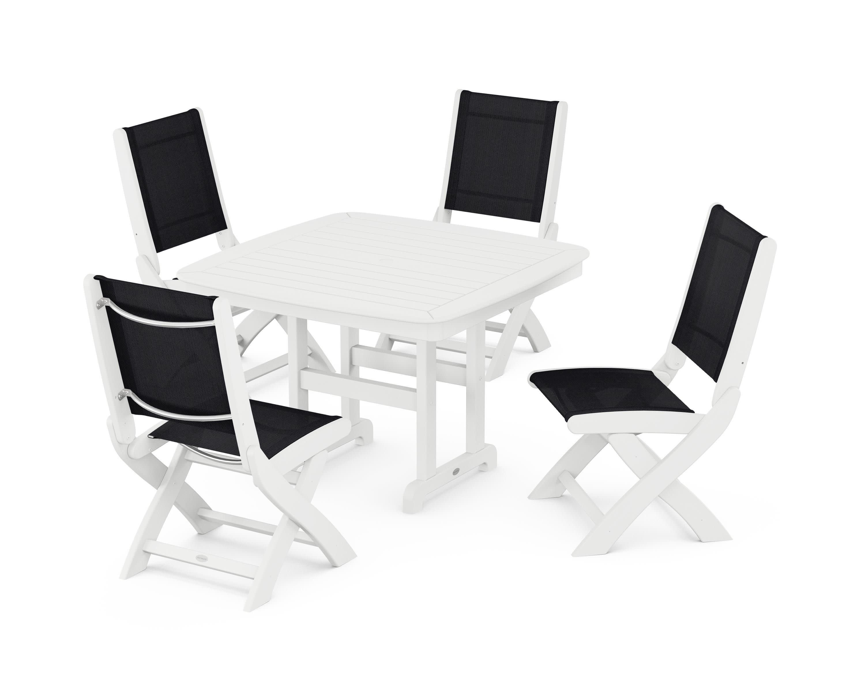 Coastal Folding Side Chair 5-Piece Dining Set in White / Black Sling