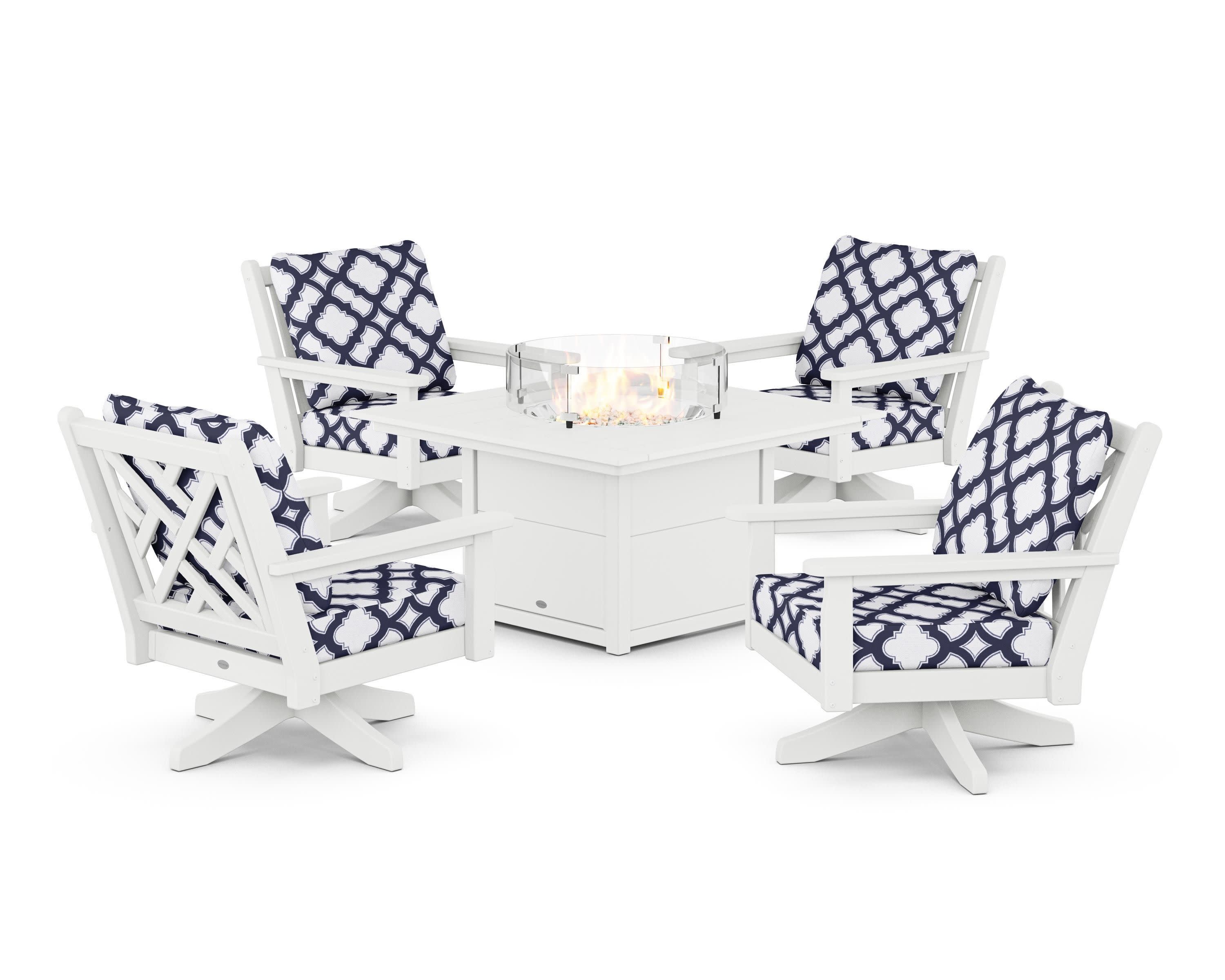 Chippendale 5-Piece Deep Seating Swivel Conversation Set with Fire Pit Table in White / Trellis Navy