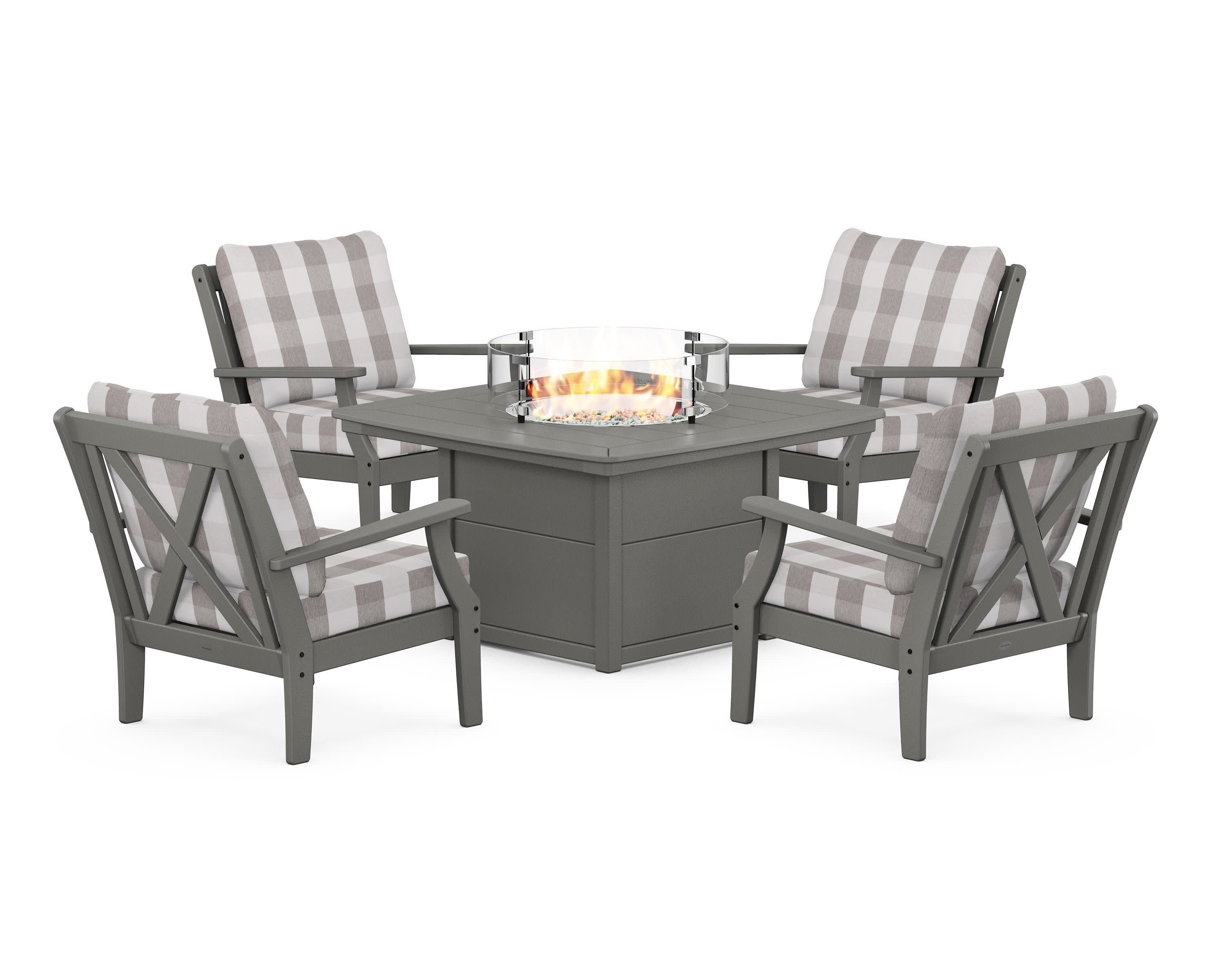 Braxton 5-Piece Deep Seating Conversation Set with Fire Pit Table in Slate Grey / Buffalo Plaid Grey Mist