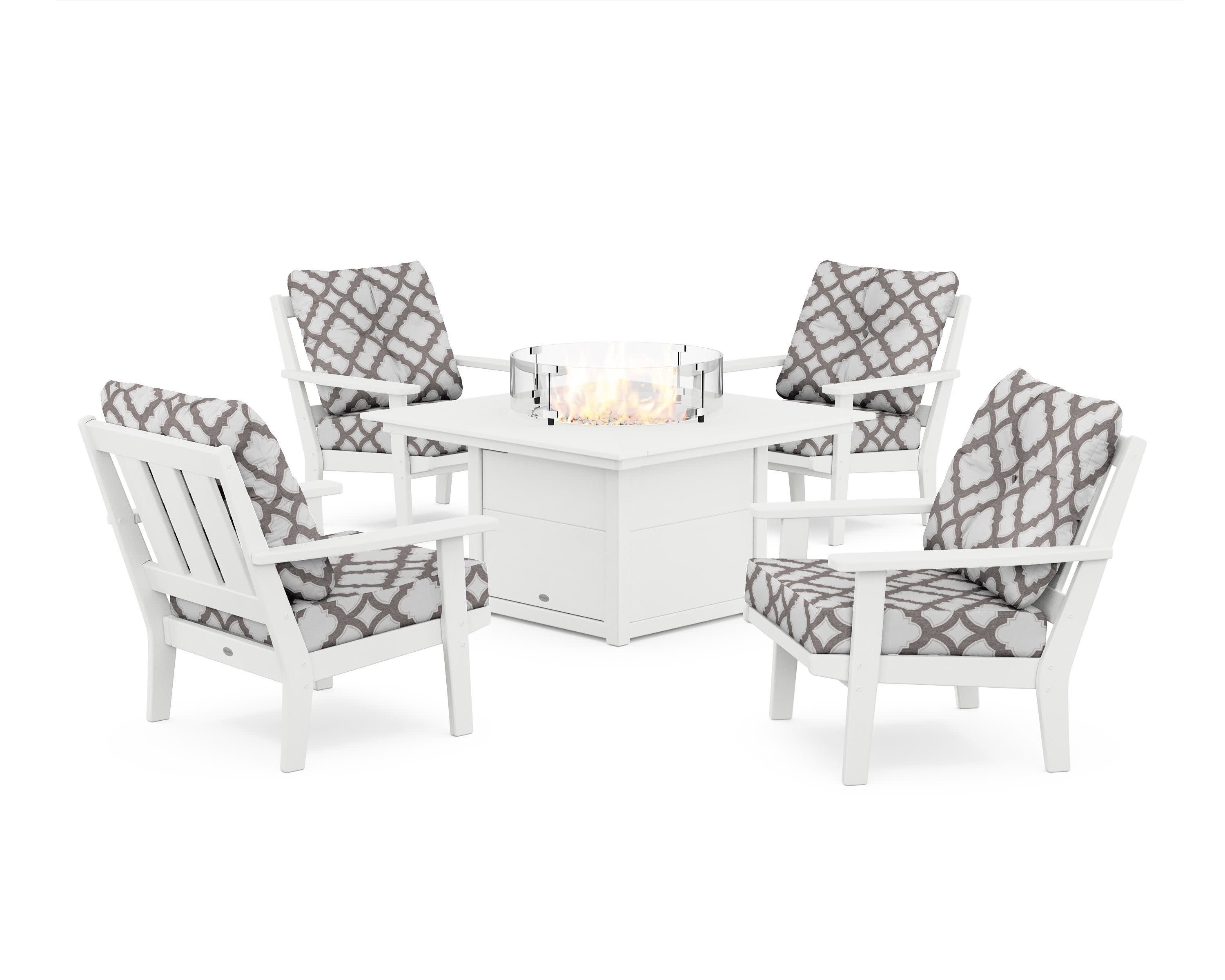 Oxford 5-Piece Deep Seating Set with Fire Pit Table in White / Trellis Grey Mist