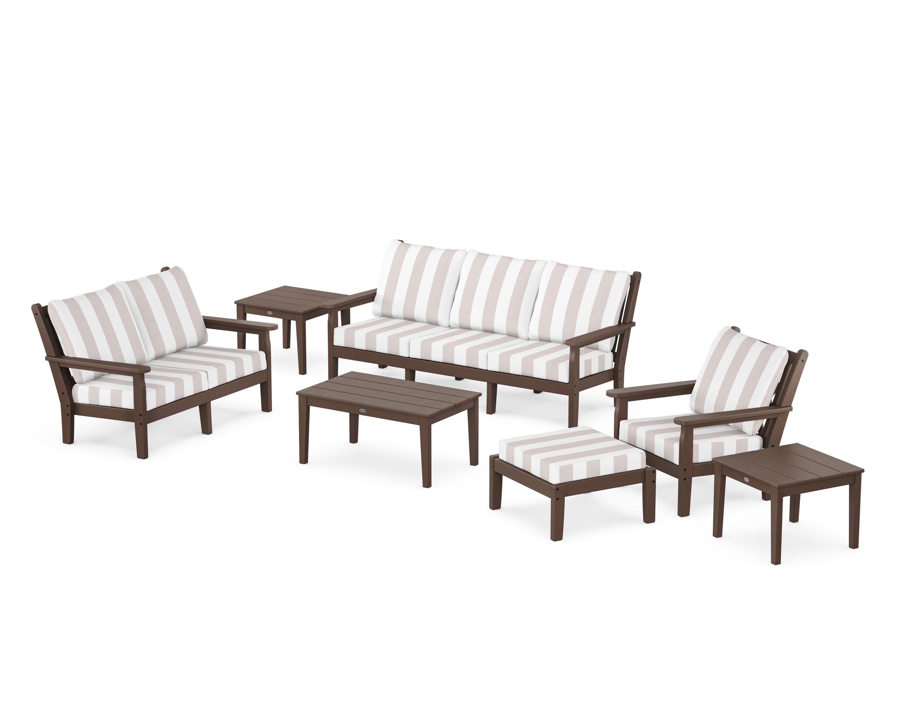 Chippendale 7-Piece Deep Seating Set in Mahogany / Cabana Stripe Dune Burlap