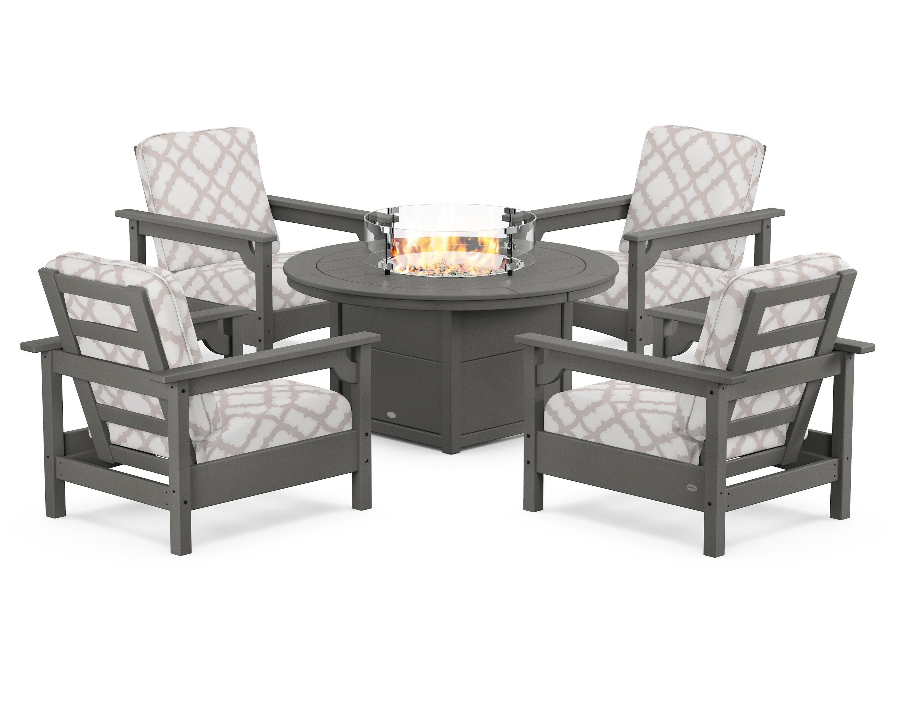 Club 5-Piece Conversation Set with Fire Pit Table in Slate Grey / Trellis Dune Burlap