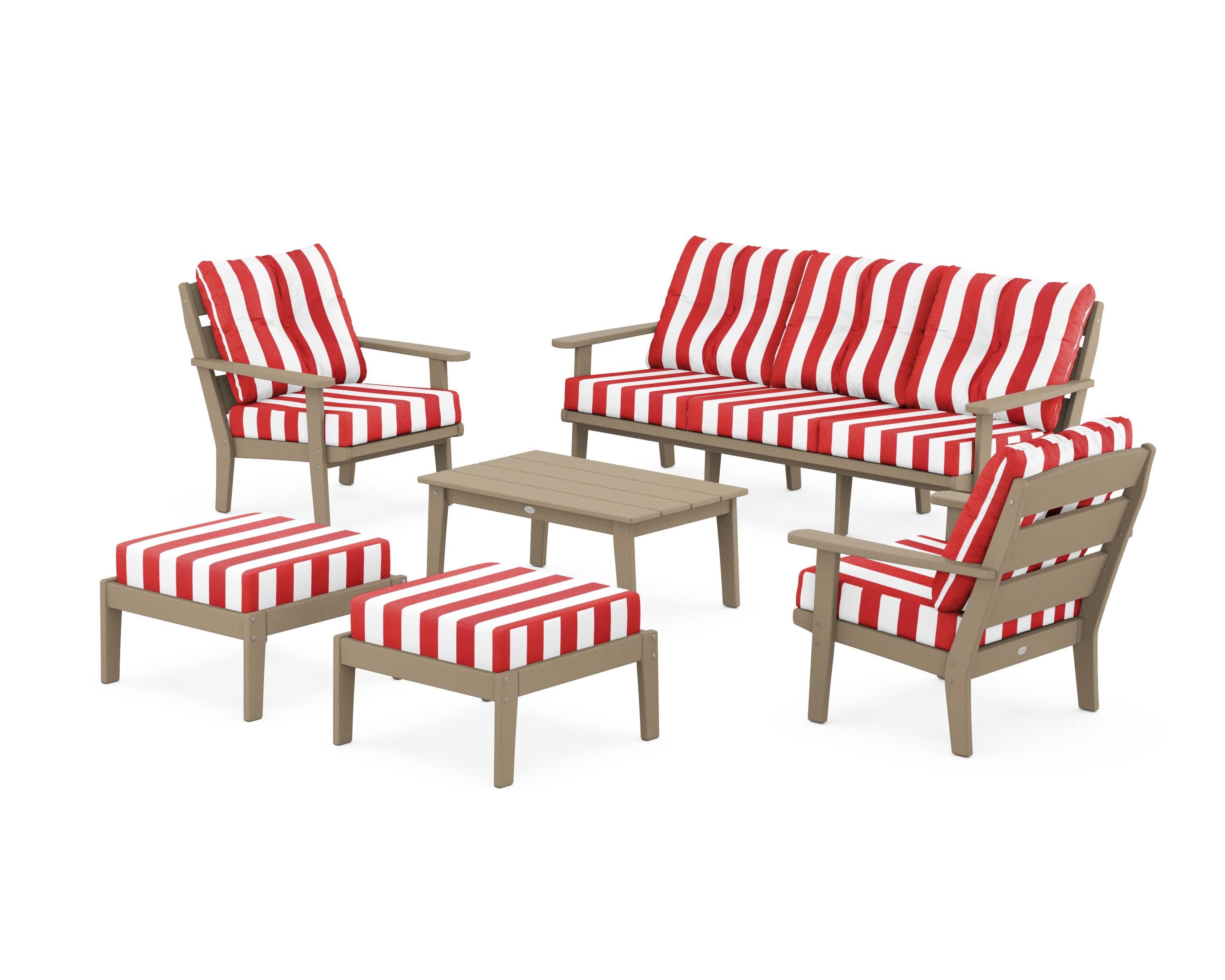 Lakeside 6-Piece Lounge Sofa Set in Vintage Sahara / Cabana Stripe Crimson