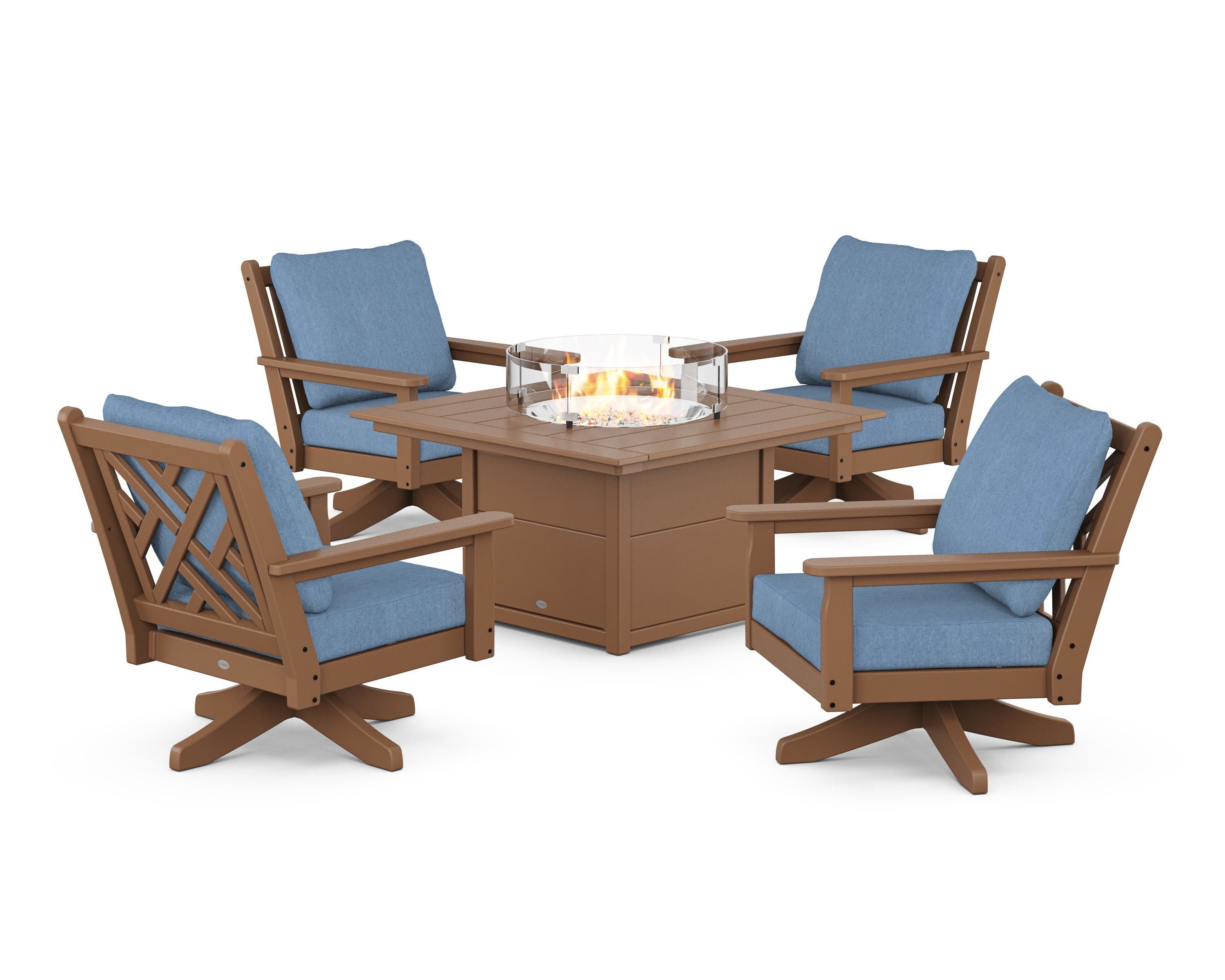 Chippendale 5-Piece Deep Seating Swivel Conversation Set with Fire Pit Table in Teak / Sky Blue