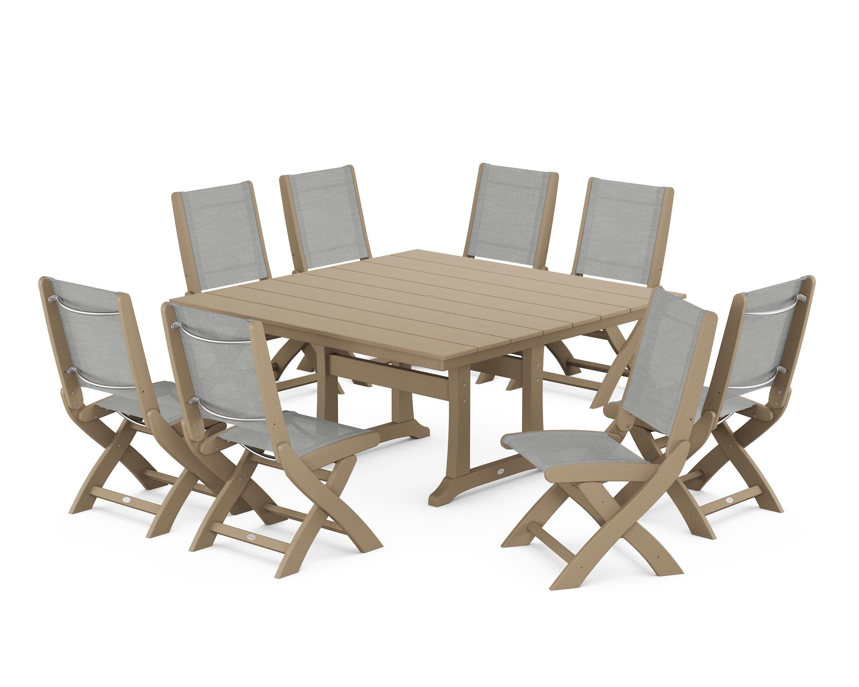 Coastal Folding Side Chair 9-Piece Farmhouse Dining Set in Vintage Sahara / Metallic Sling