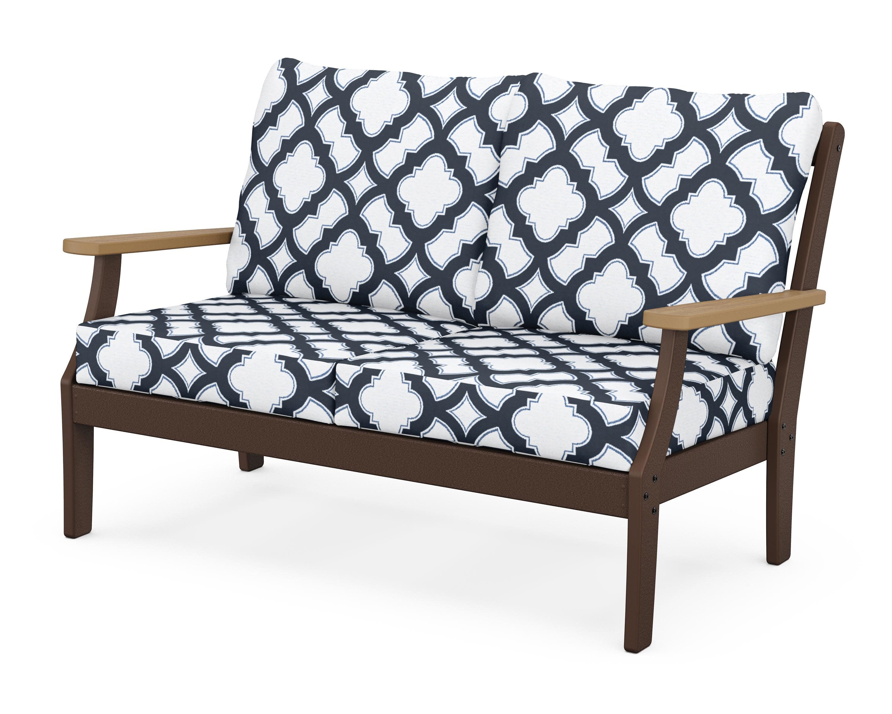 Braxton Deep Seating Loveseat in Mahogany / Natural / Trellis Marine Indigo