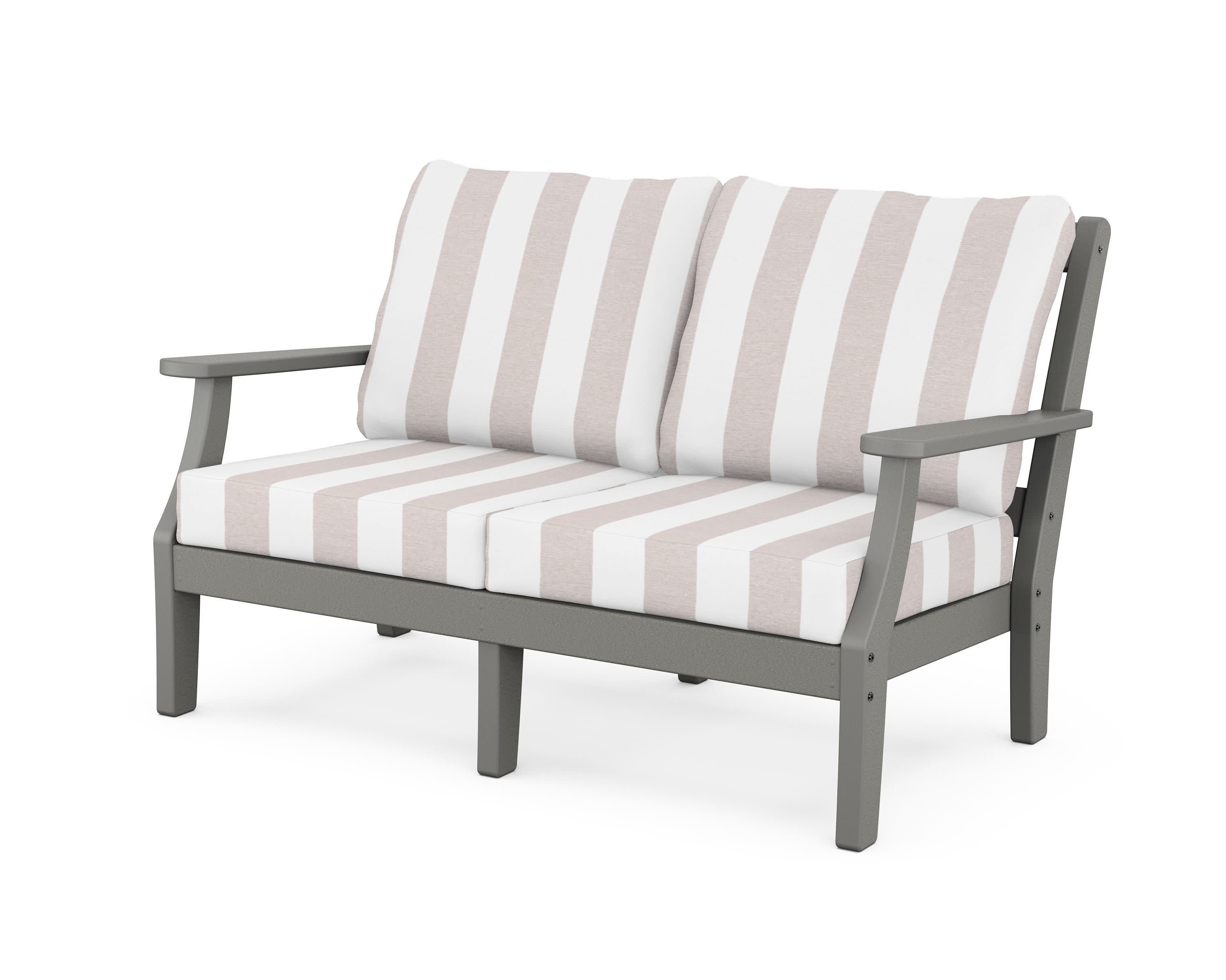 Chinoiserie Deep Seating Loveseat in Slate Grey / Cabana Stripe Dune Burlap