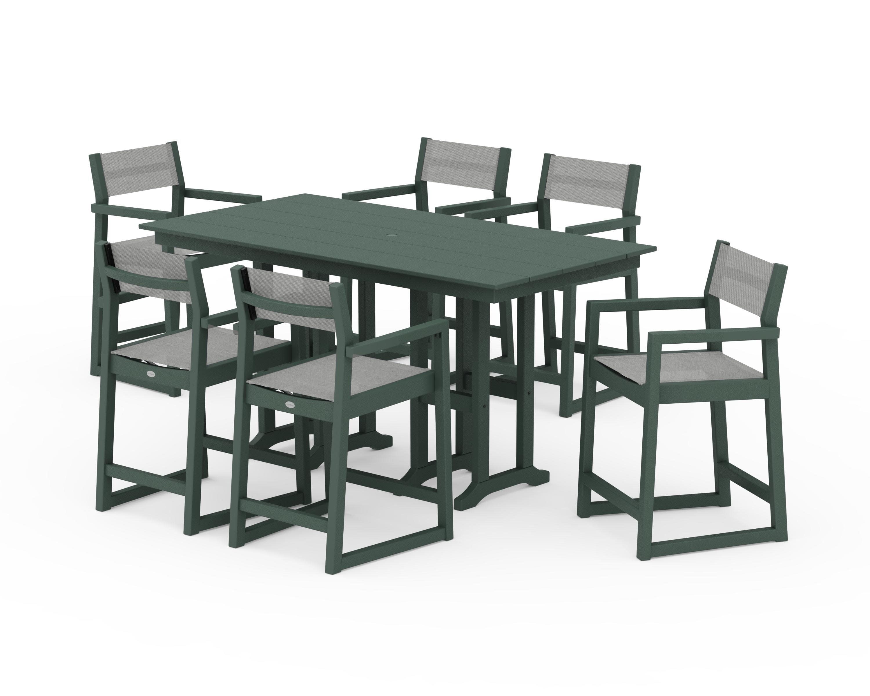 EDGE Sling Arm Chair 7-Piece Farmhouse Counter Set in Green / Metallic Sling
