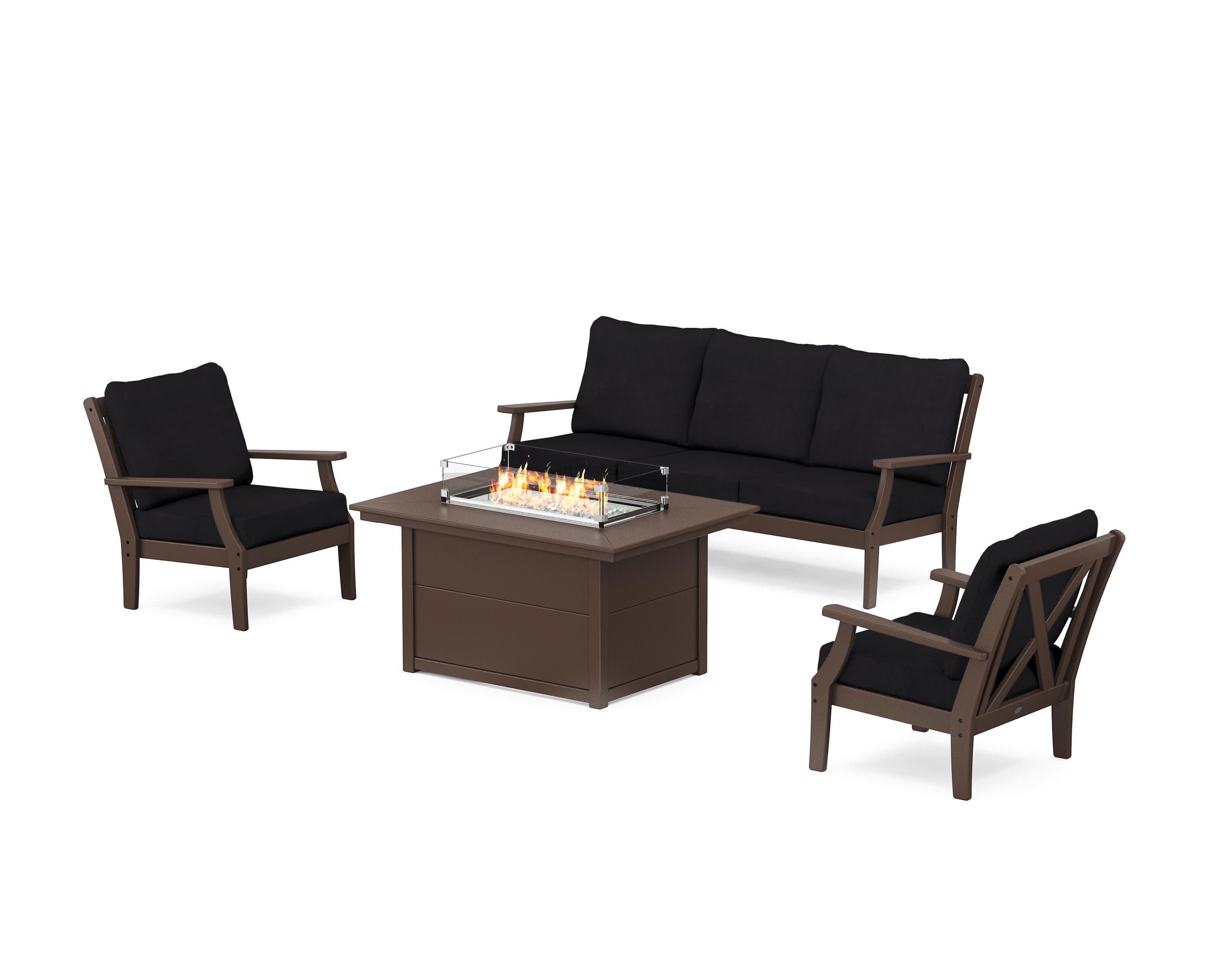 Braxton Deep Seating Fire Pit Table Set in Mahogany / Midnight Linen