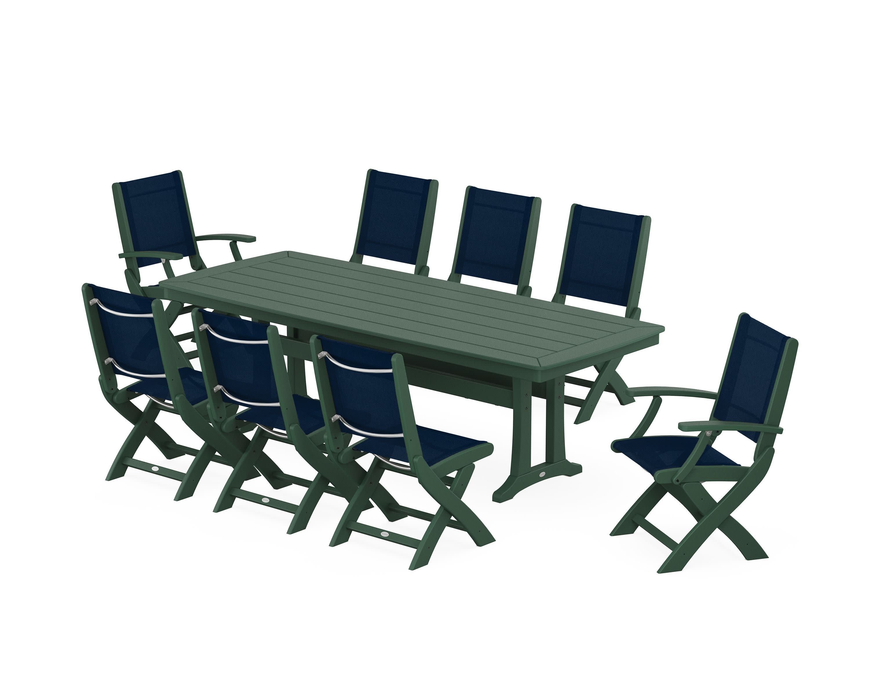 Coastal Folding 9-Piece Dining Set with Trestle Legs in Green / Navy Blue Sling
