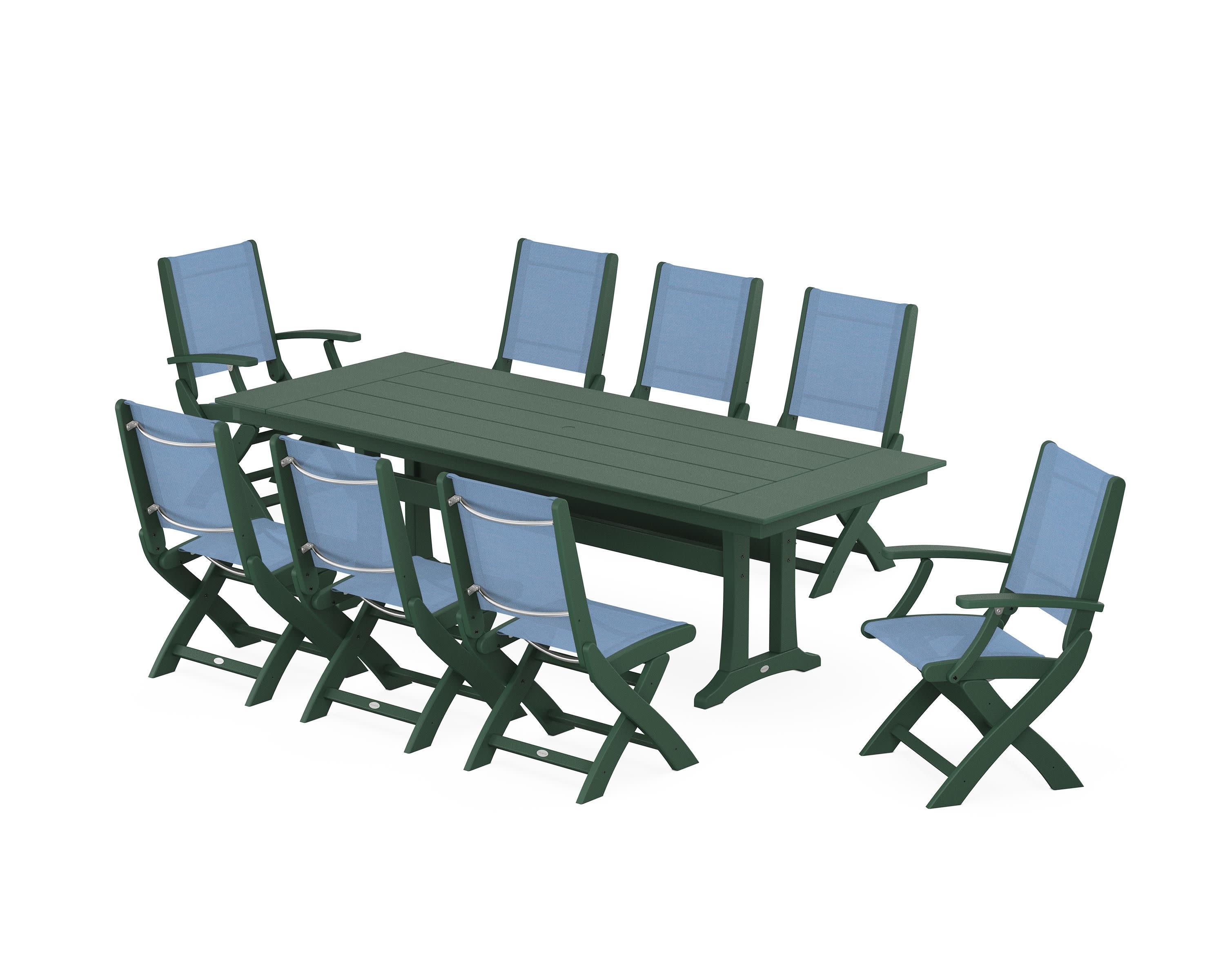 Coastal 9-Piece Folding Dining Chair Farmhouse Dining Set with Trestle Legs in Green / Poolside Sling