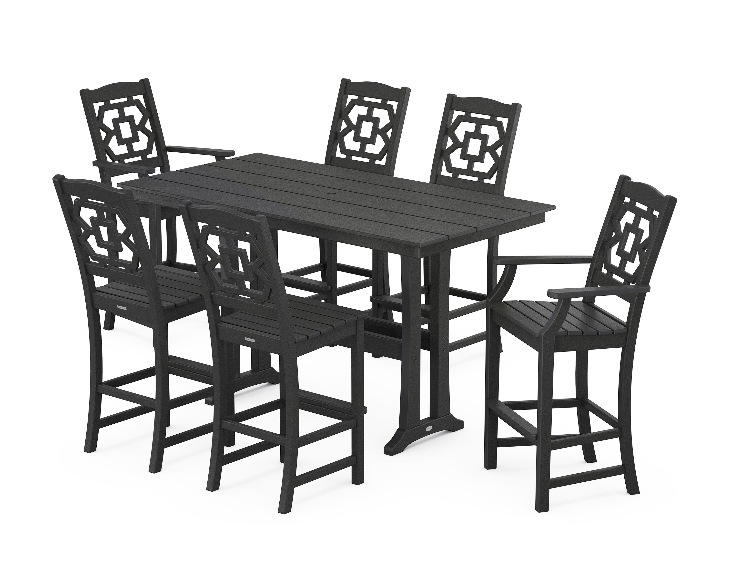 Chinoiserie 7-Piece Farmhouse Bar Set with Trestle Legs in Black