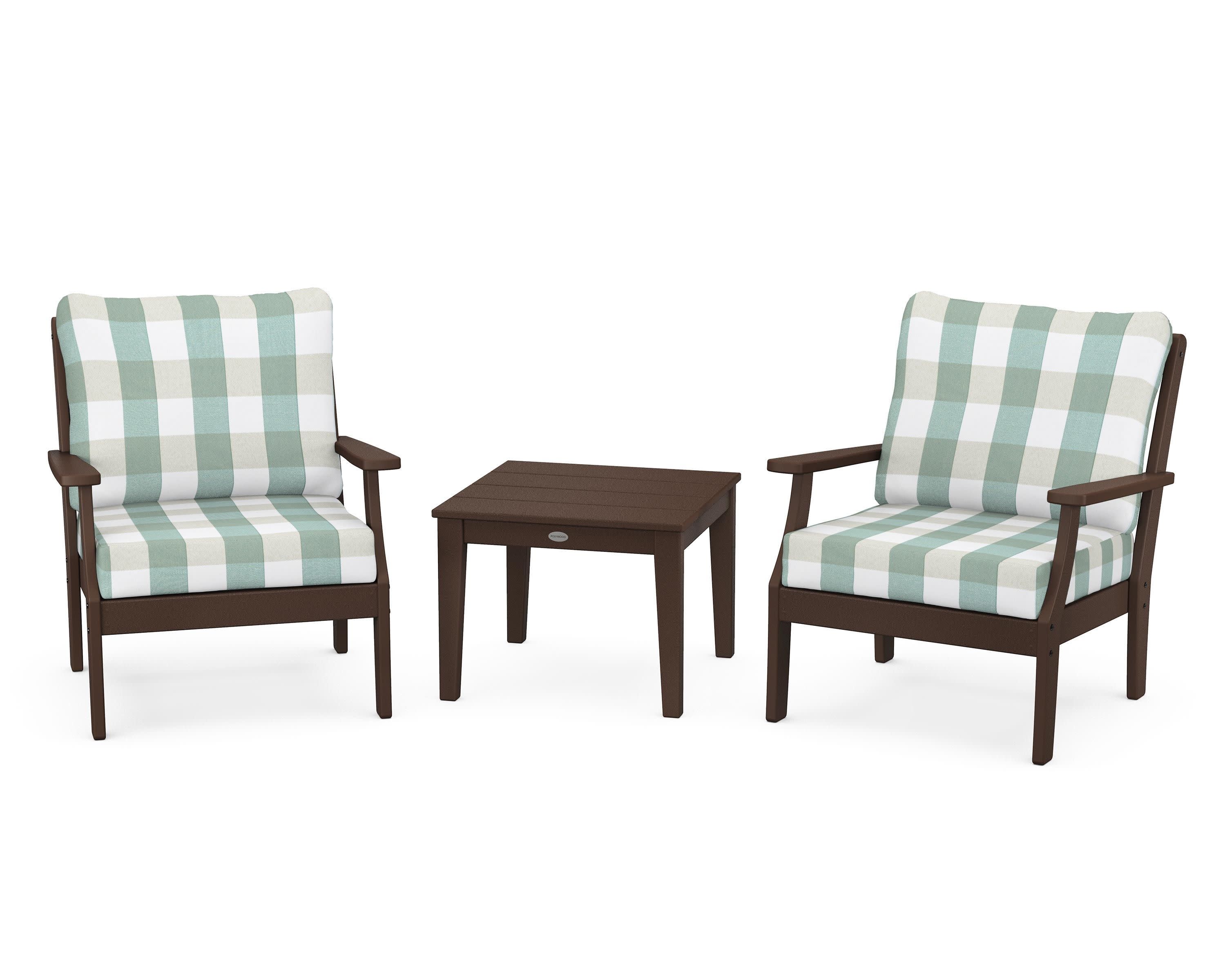 Braxton 3-Piece Deep Seating Set in Mahogany / Buffalo Plaid Glacier Spa