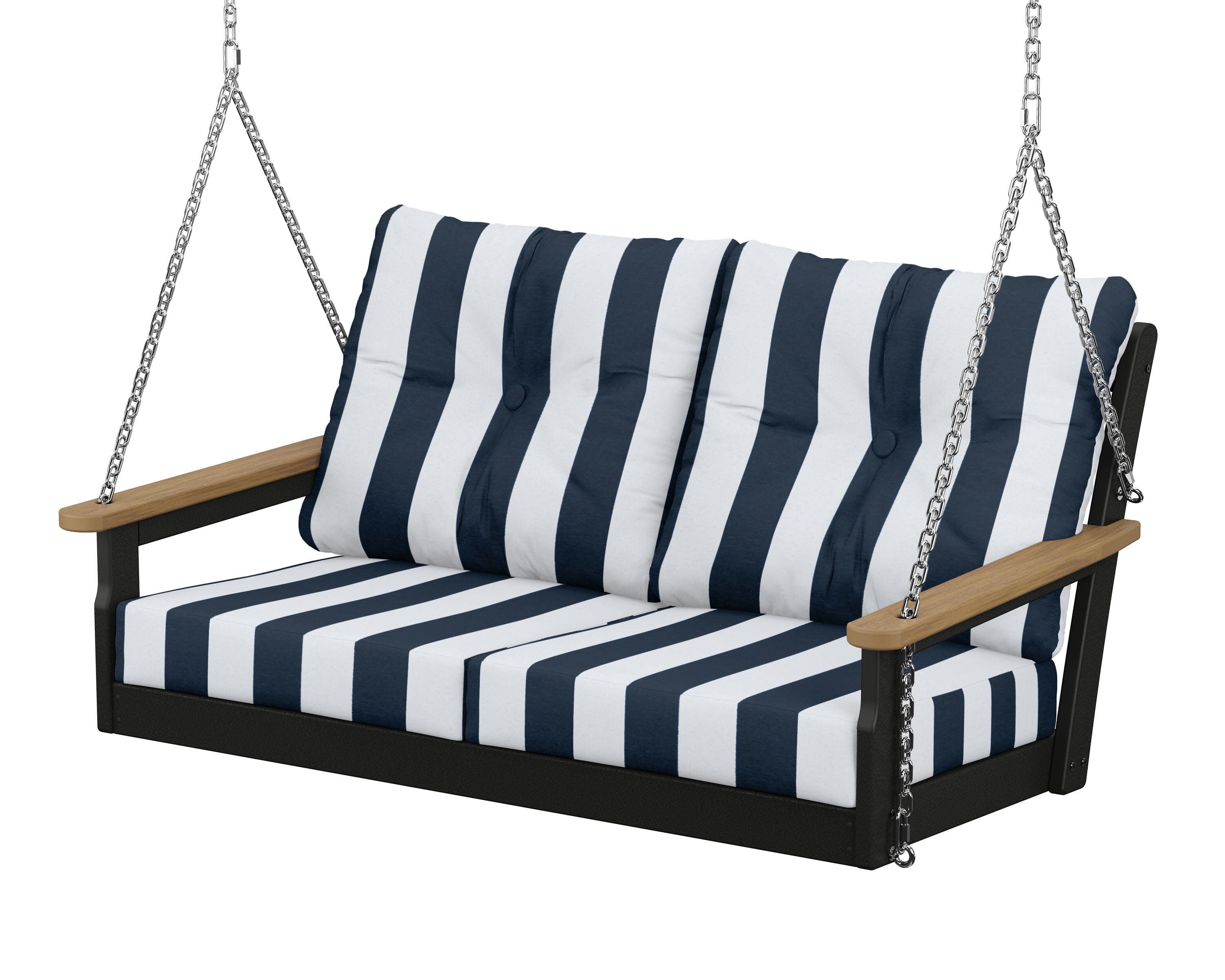 Vineyard Deep Seating Swing in Black / Natural / Cabana Stripe Marine Indigo