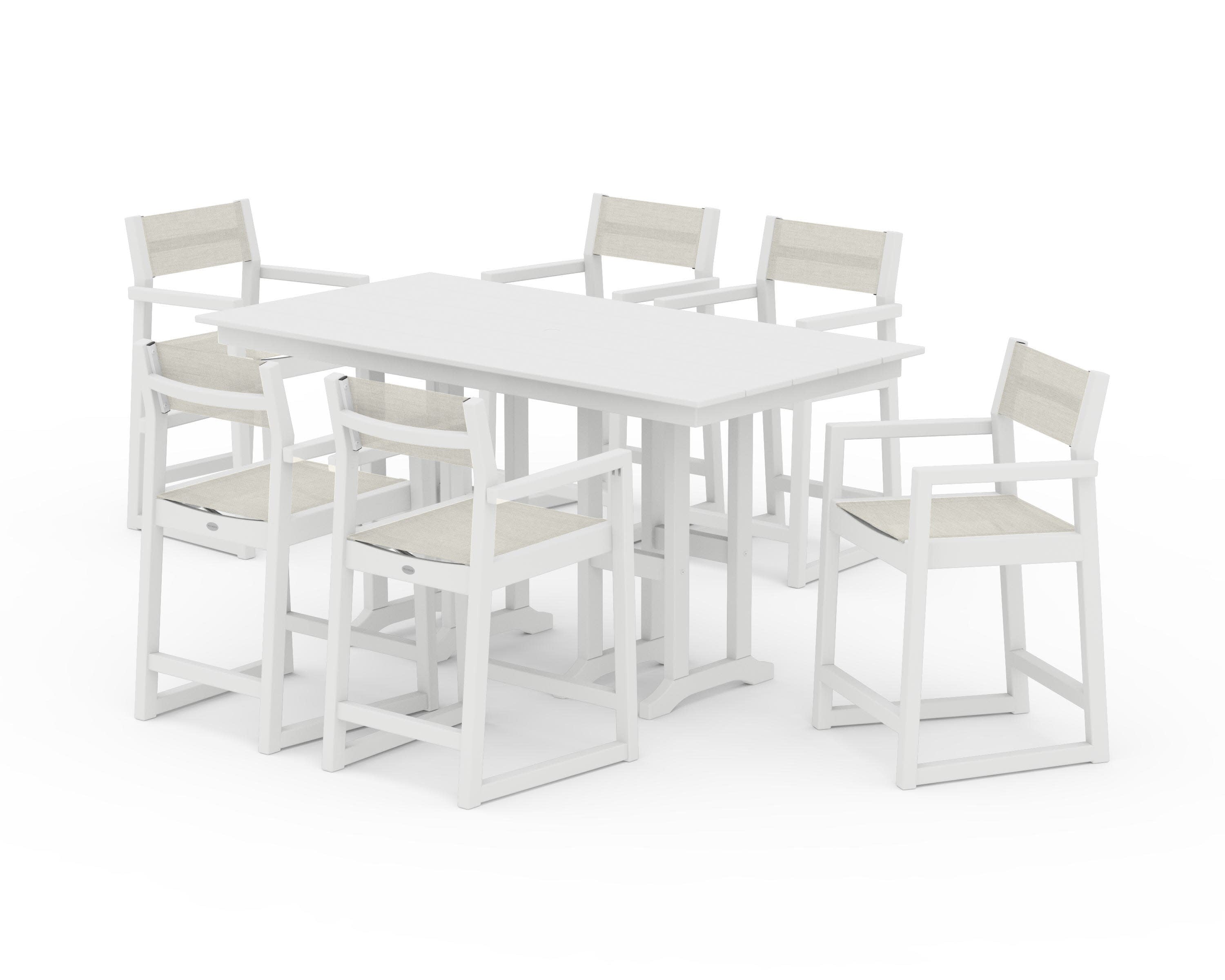 EDGE Sling Arm Chair 7-Piece Farmhouse Counter Set in White / Parchment Sling