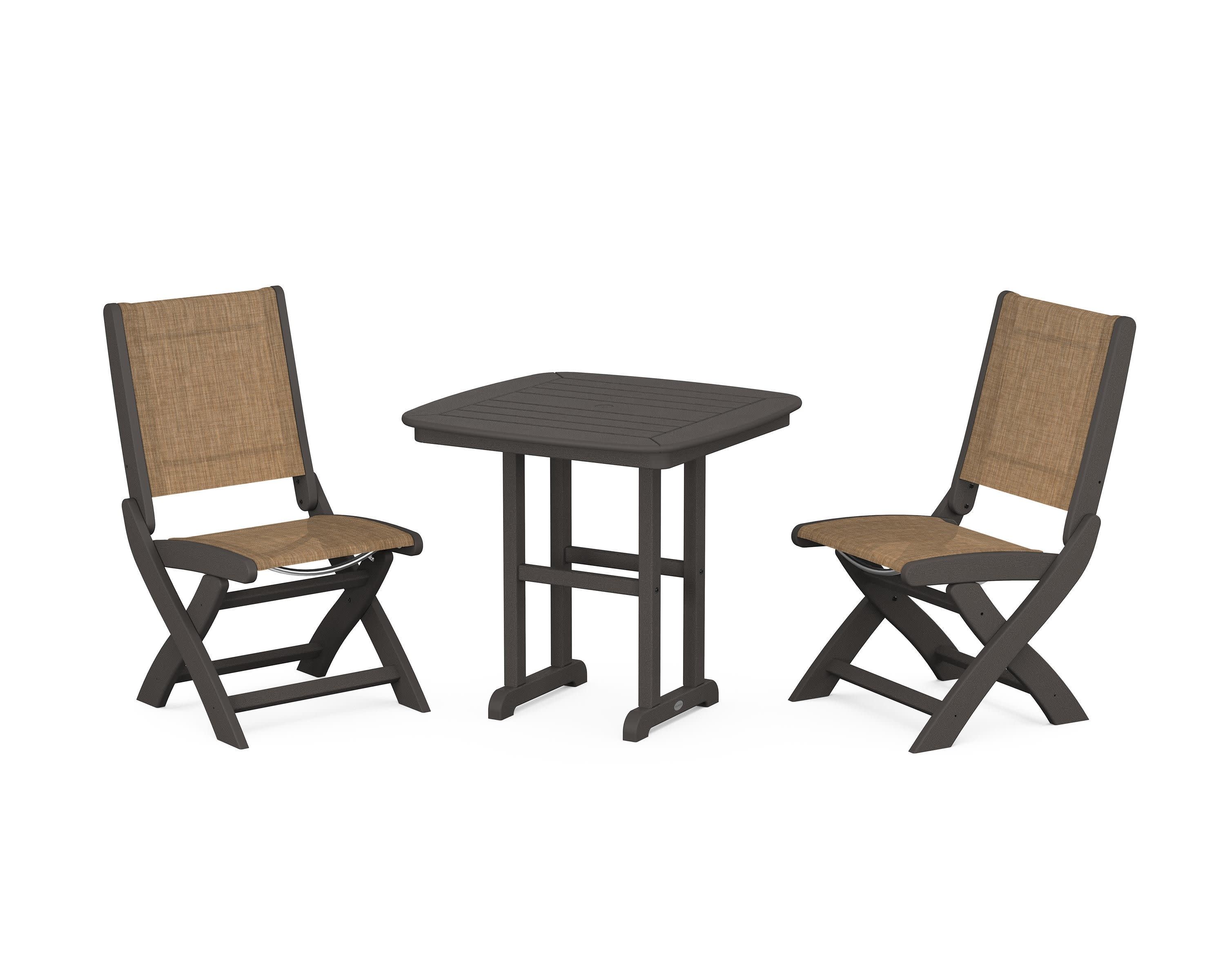 Coastal Folding Side Chair 3-Piece Dining Set in Vintage Coffee / Burlap Sling