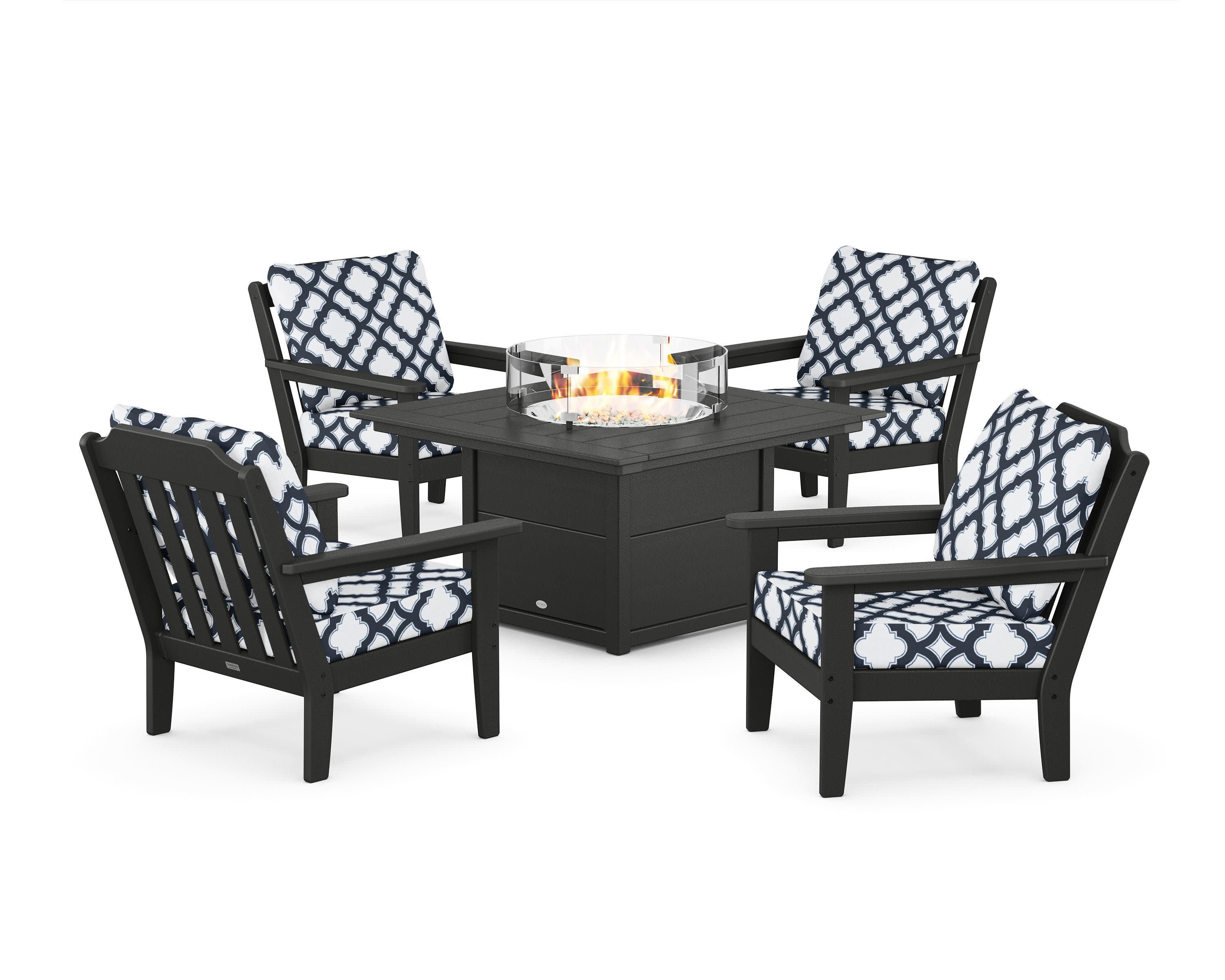 Cottage 5-Piece Deep Seating Set with Fire Pit Table in Black / Trellis Marine Indigo