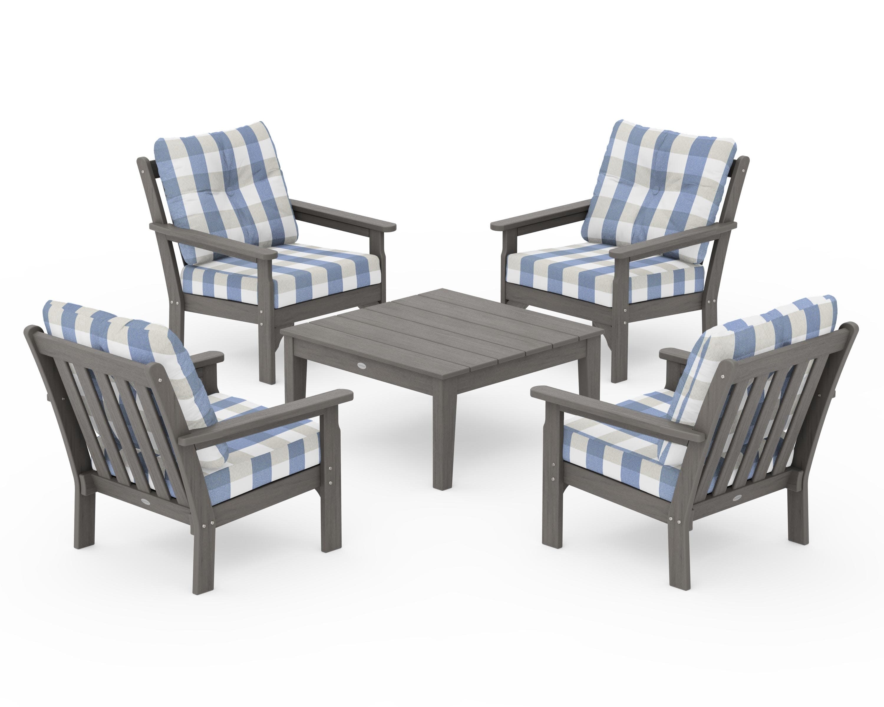 Vineyard 5-Piece Deep Seating Conversation Set in Driftwood / Buffalo Plaid Sky Blue