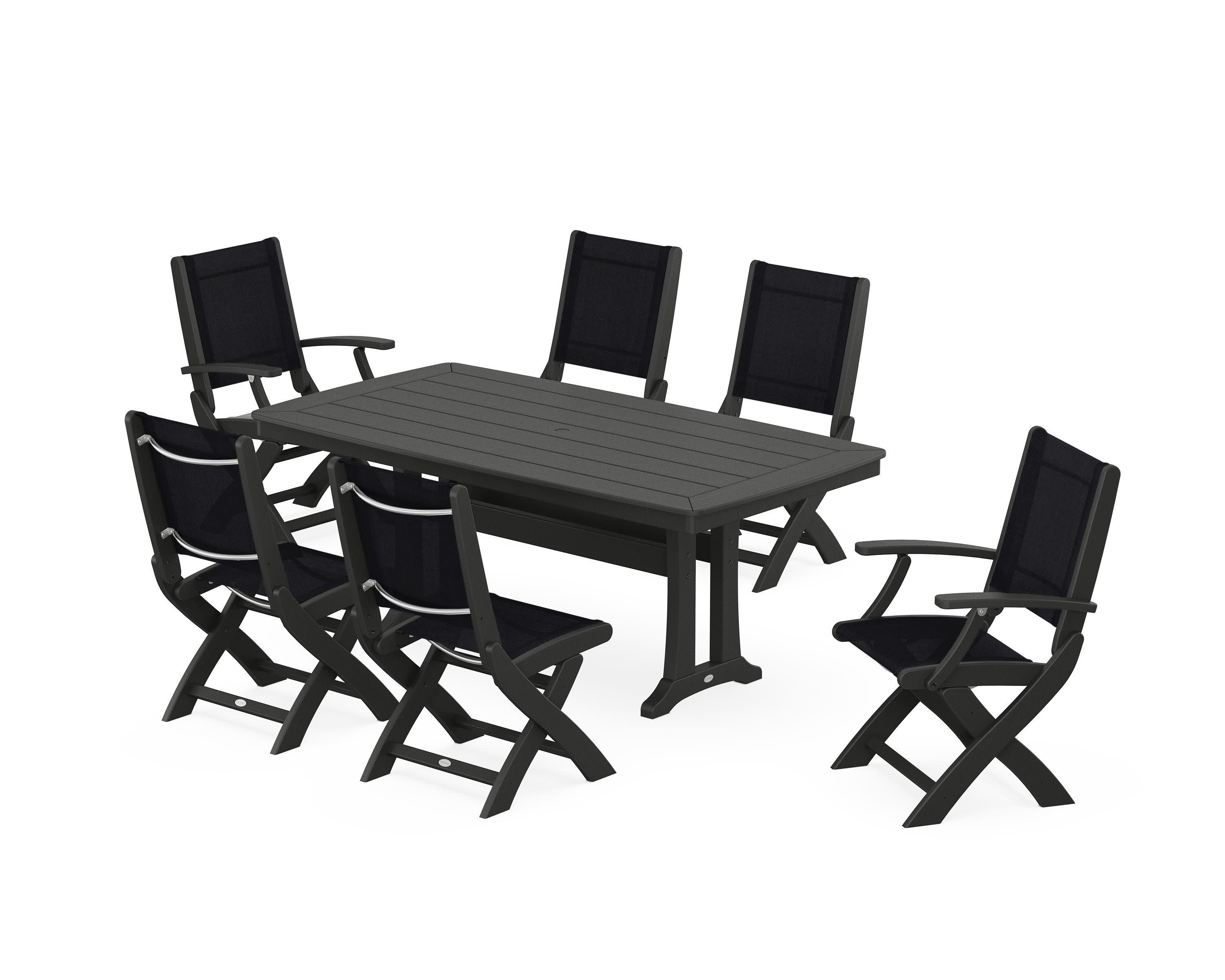 Coastal Folding Chair 7-Piece Dining Set with Trestle Legs in Black / Black Sling