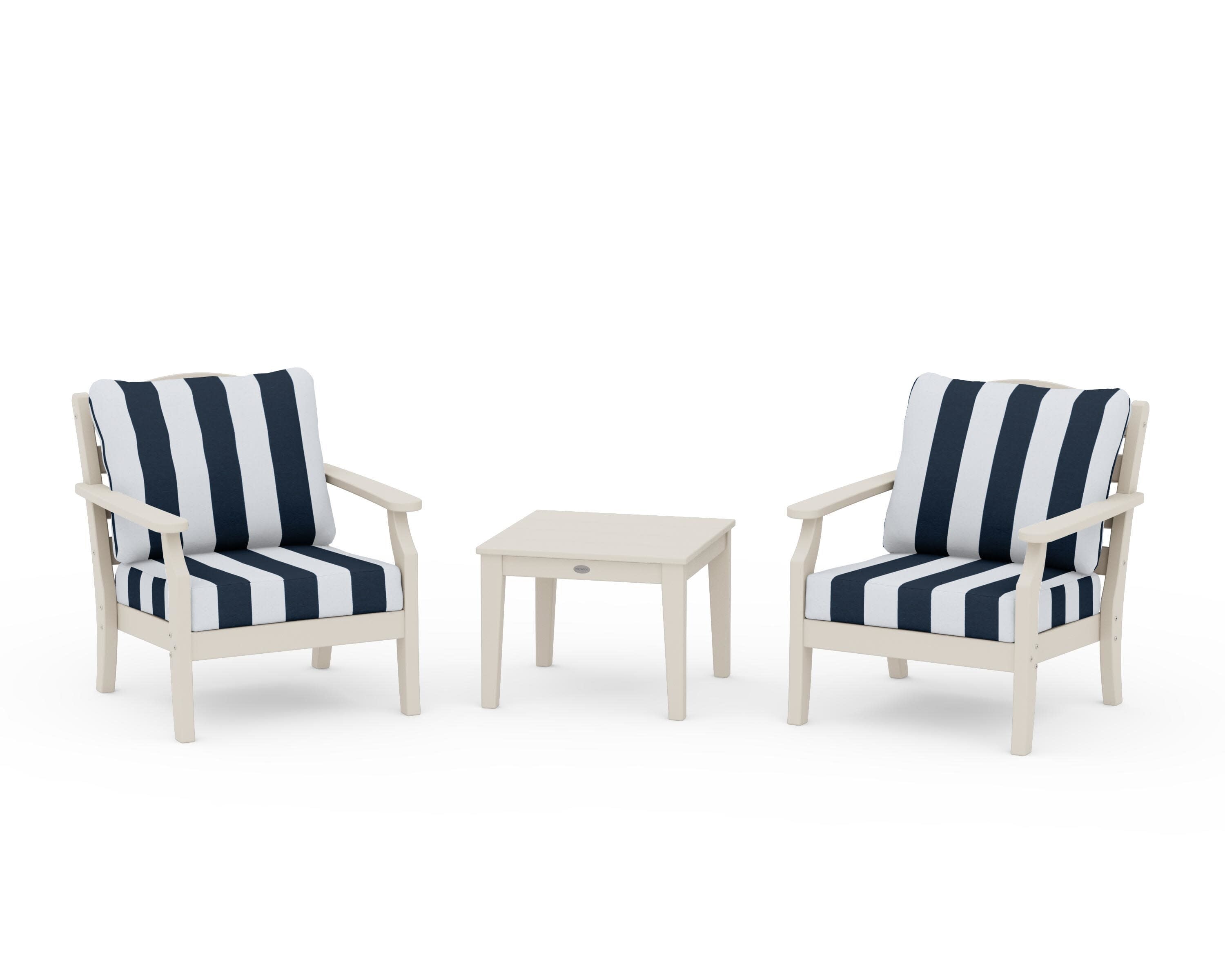 Savannah 3-Piece Deep Seating Set in Sand / Cabana Stripe Marine Indigo