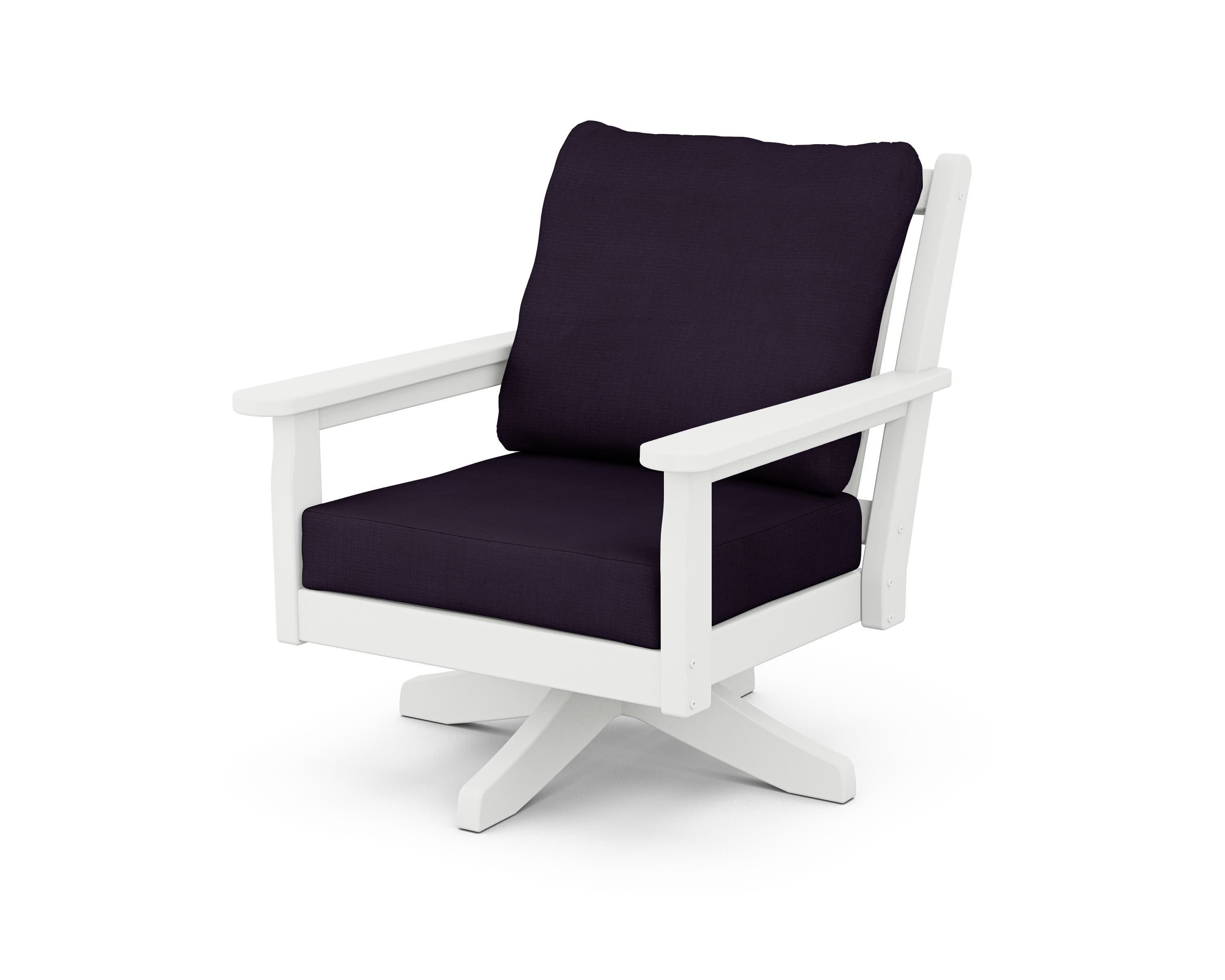 Chippendale Deep Seating Swivel Chair in White / Navy Linen