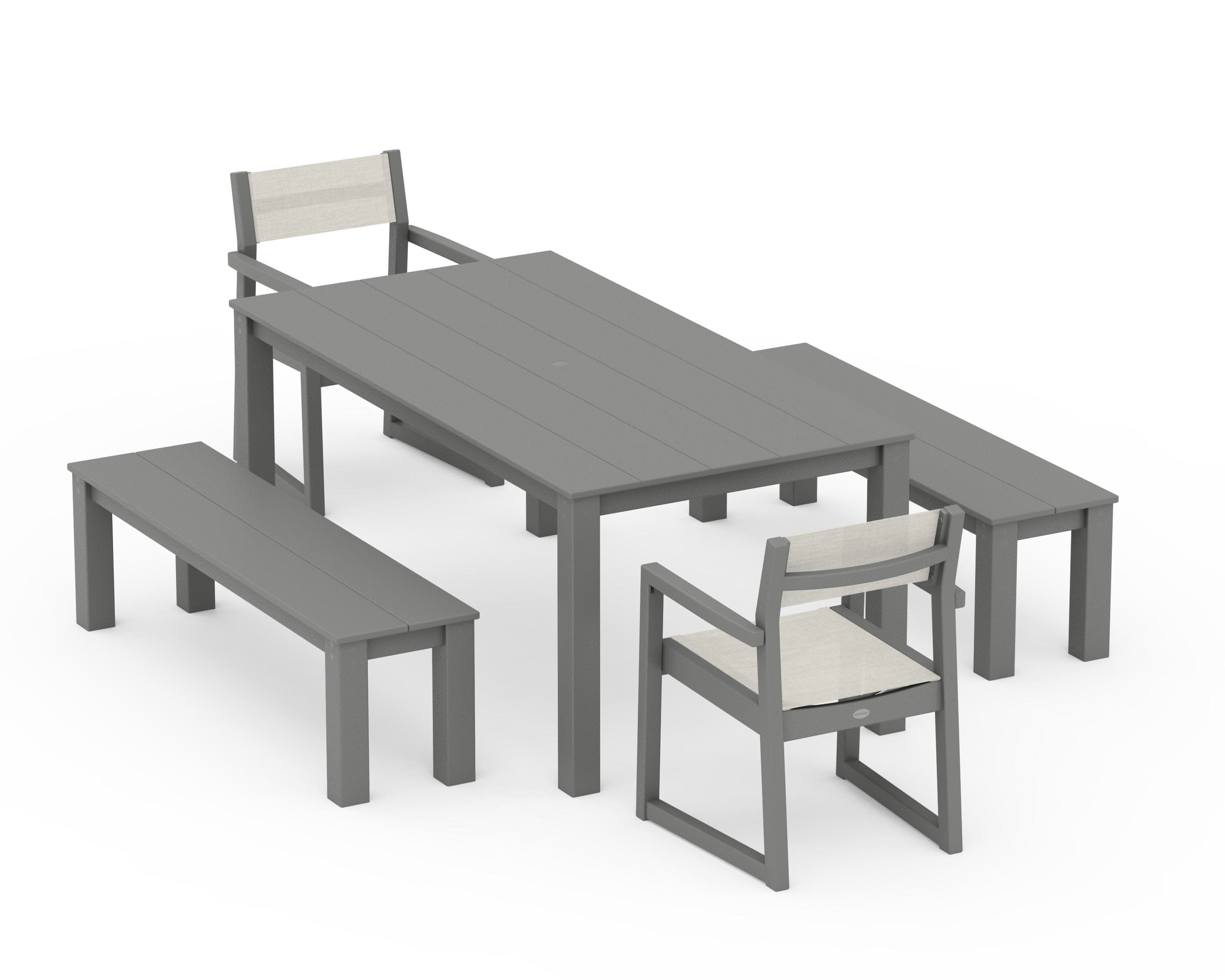 EDGE Sling Arm Chair 5-Piece Parsons Dining Set with Benches in Slate Grey / Parchment Sling