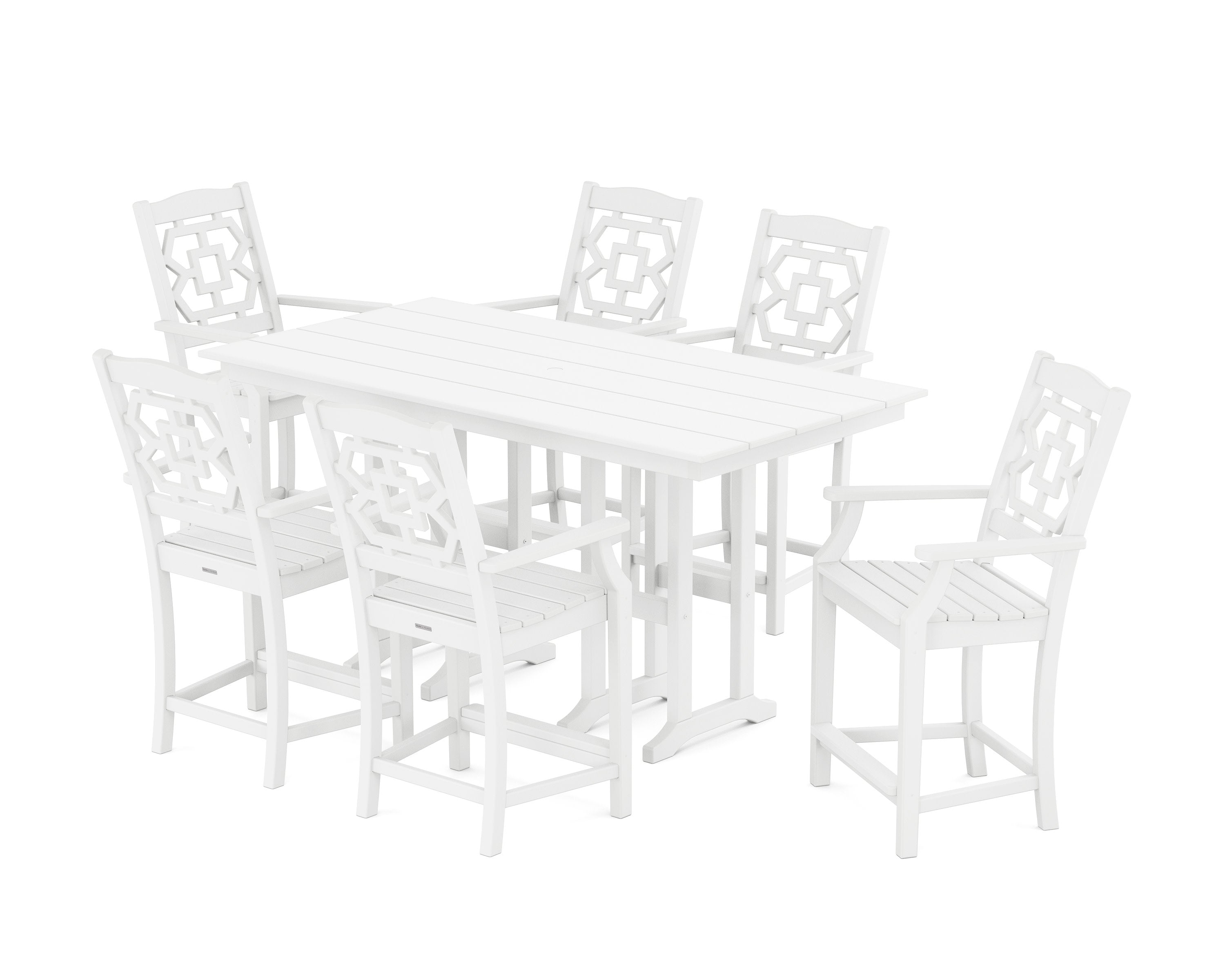 Chinoiserie Arm Chair 7-Piece Farmhouse Counter Set in White