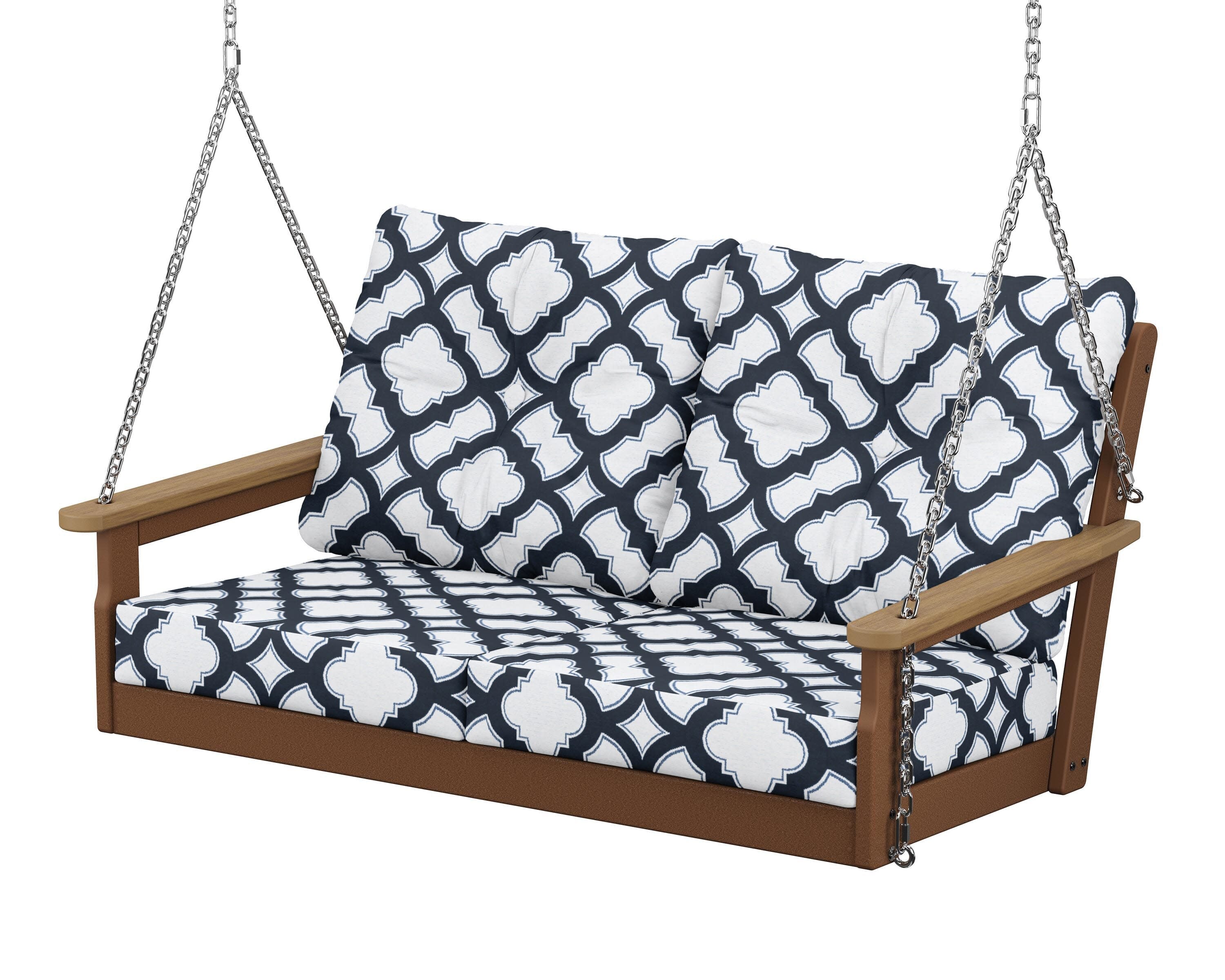 Vineyard Deep Seating Swing in Teak / Natural / Trellis Marine Indigo