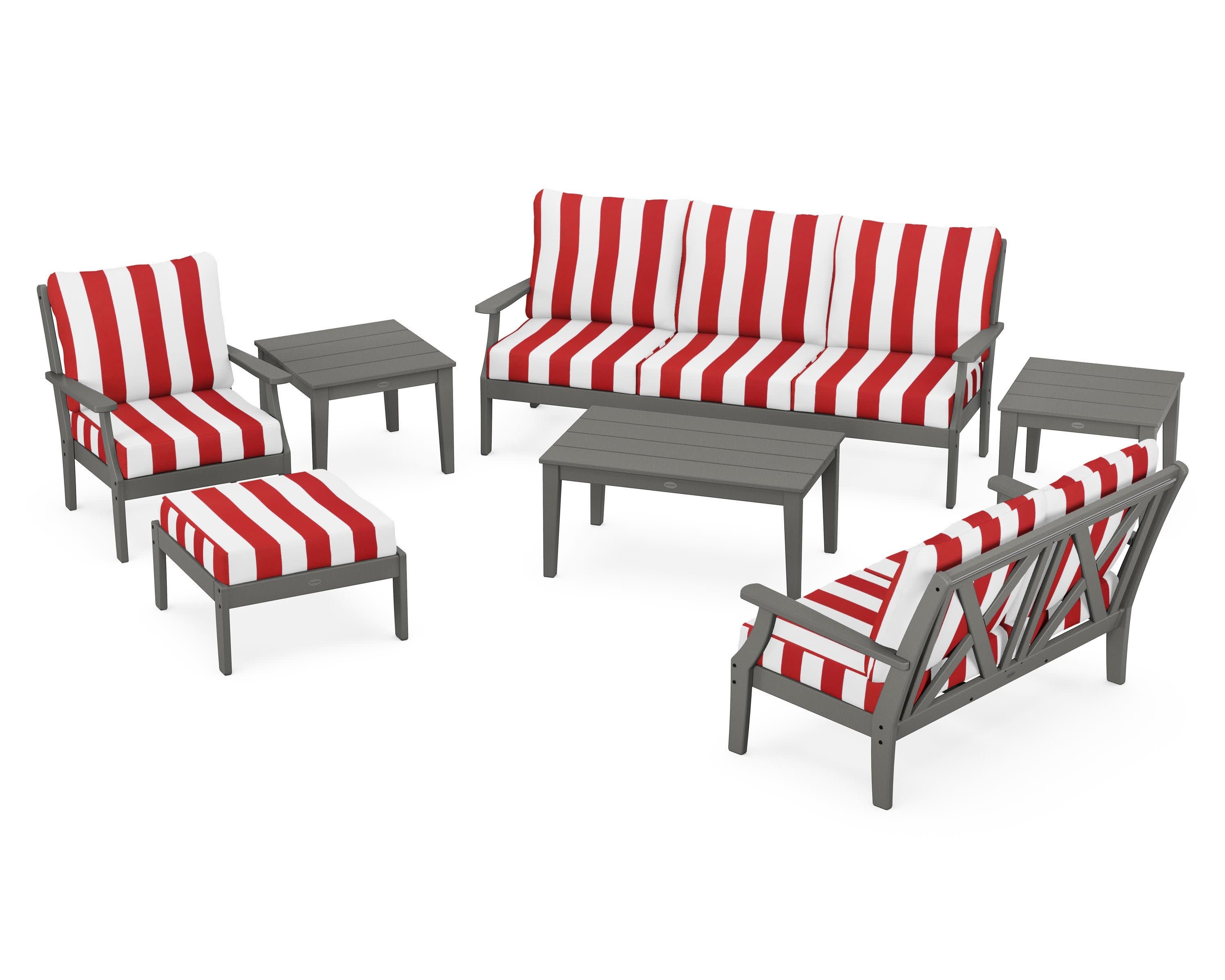 Braxton 7-Piece Deep Seating Set in Slate Grey / Cabana Stripe Crimson