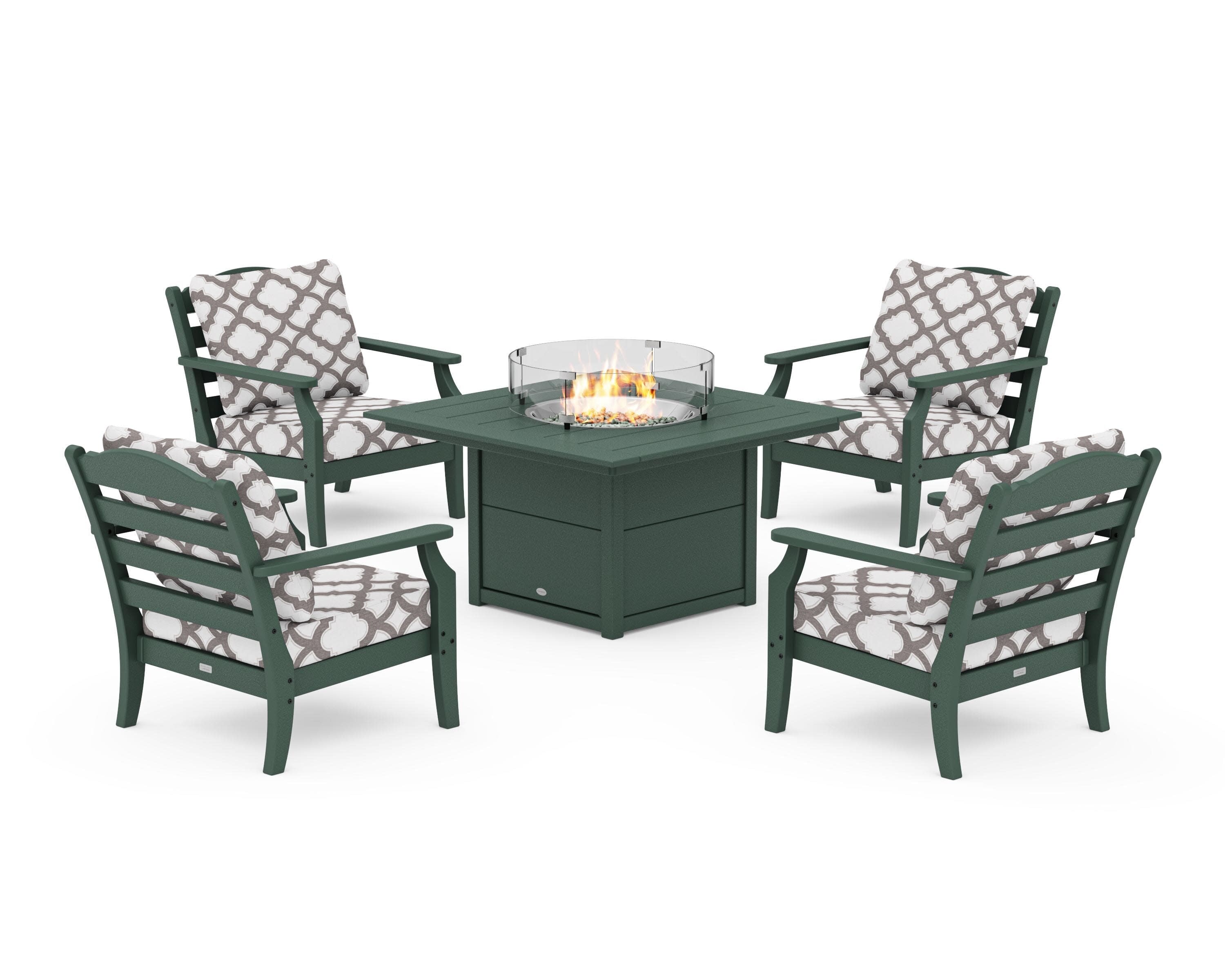 Savannah 5-Piece Deep Seating Set with Fire Pit Table in Green / Trellis Grey Mist