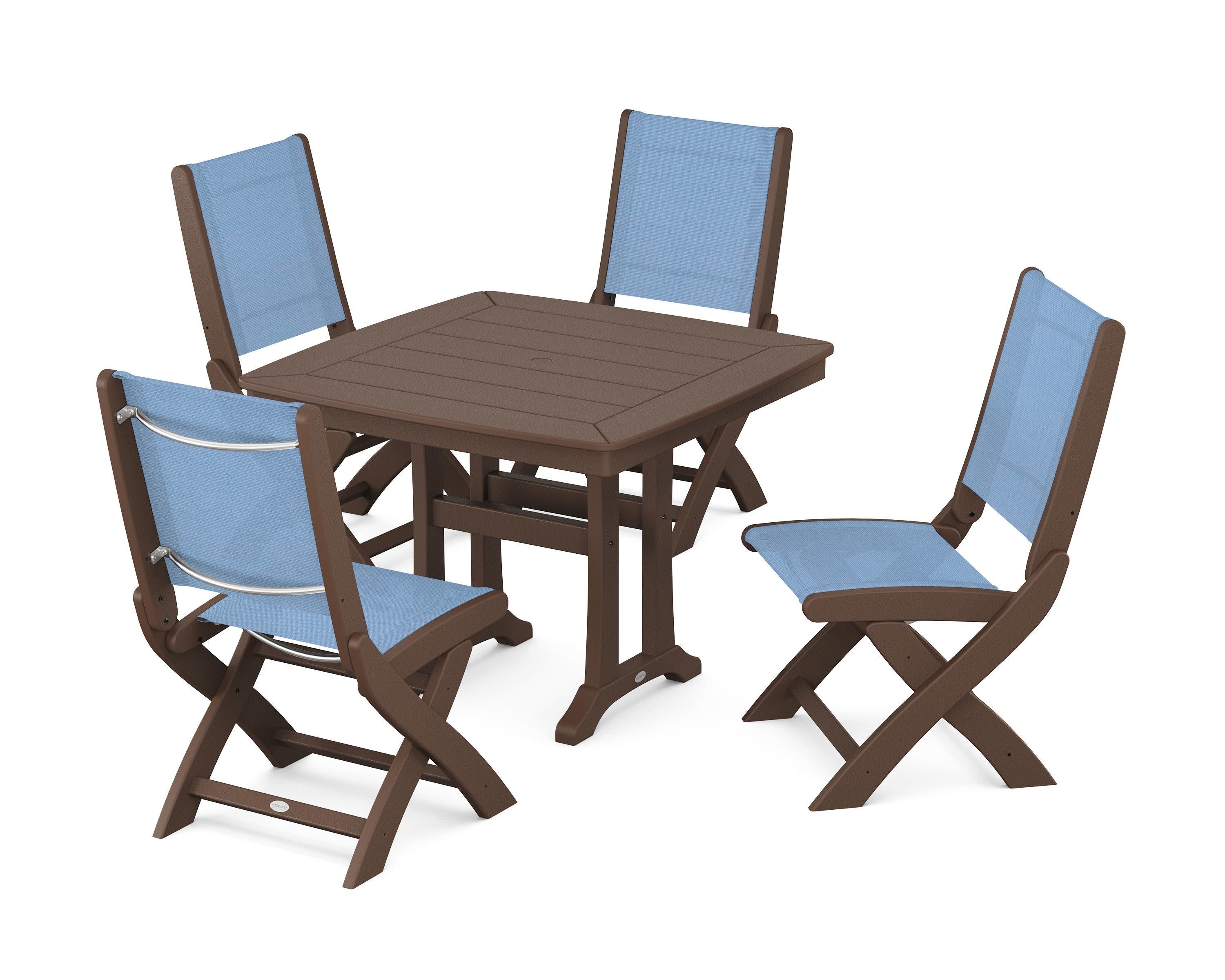 Coastal Folding Side Chair 5-Piece Dining Set with Trestle Legs in Mahogany / Poolside Sling
