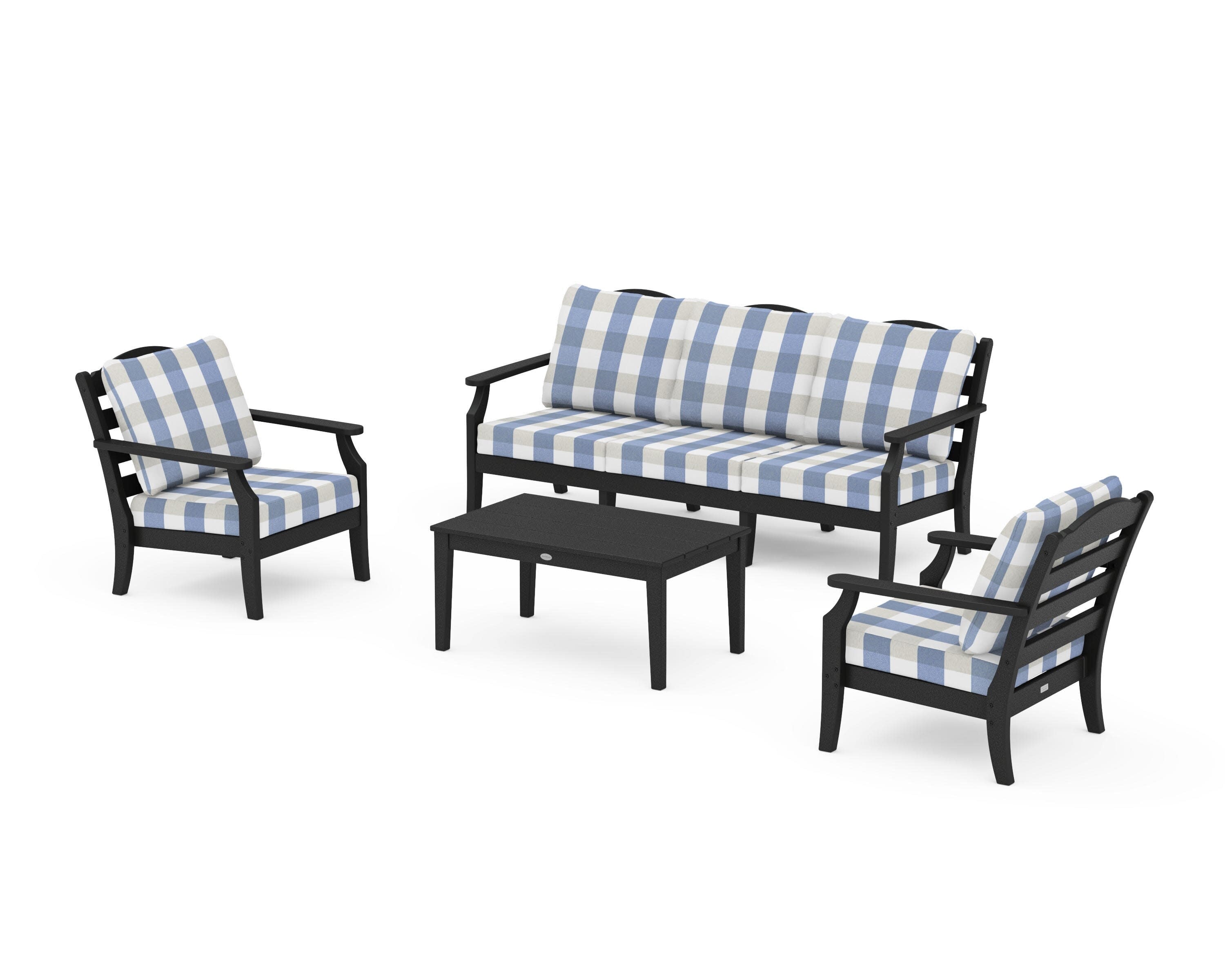 Savannah 4-Piece Deep Seating Set with Sofa in Black / Buffalo Plaid Sky Blue
