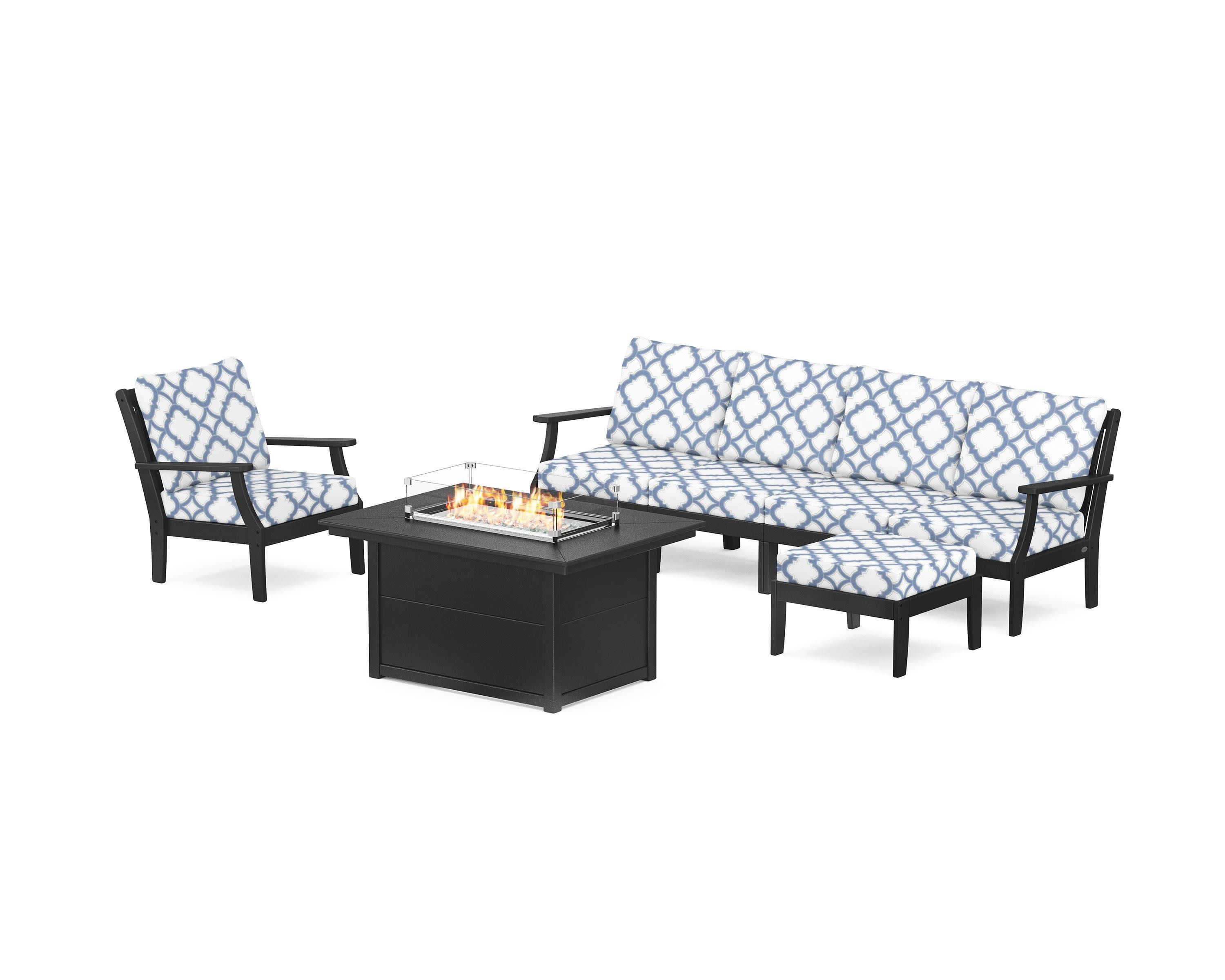 Braxton Sectional Lounge and Fire Pit Set in Black / Trellis Sky Blue