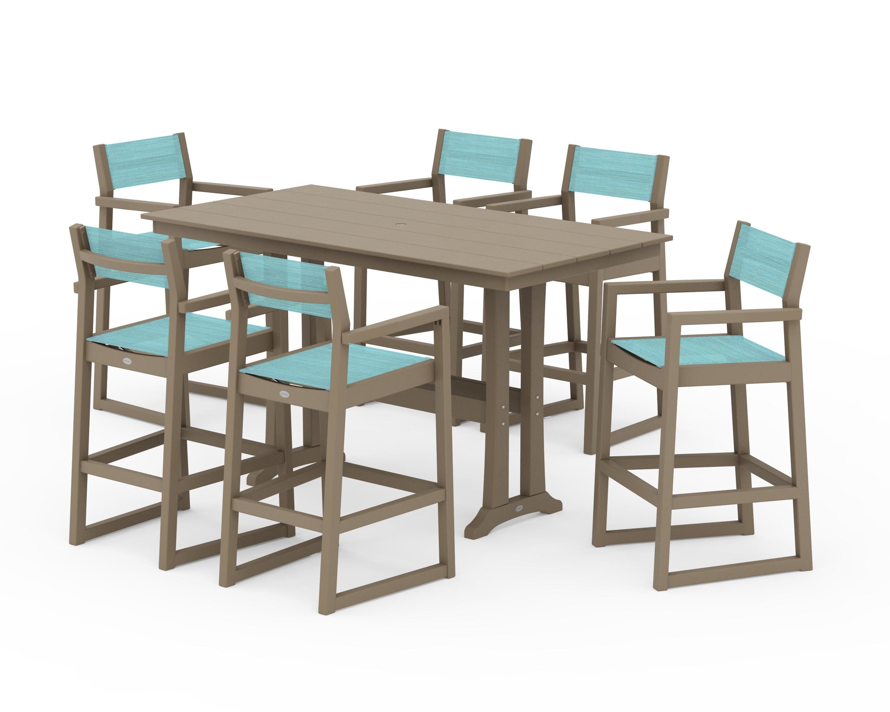 EDGE Sling Arm Chair 7-Piece Farmhouse Bar Set with Trestle Legs in Vintage Sahara / Dupioni Aquamarine Sling