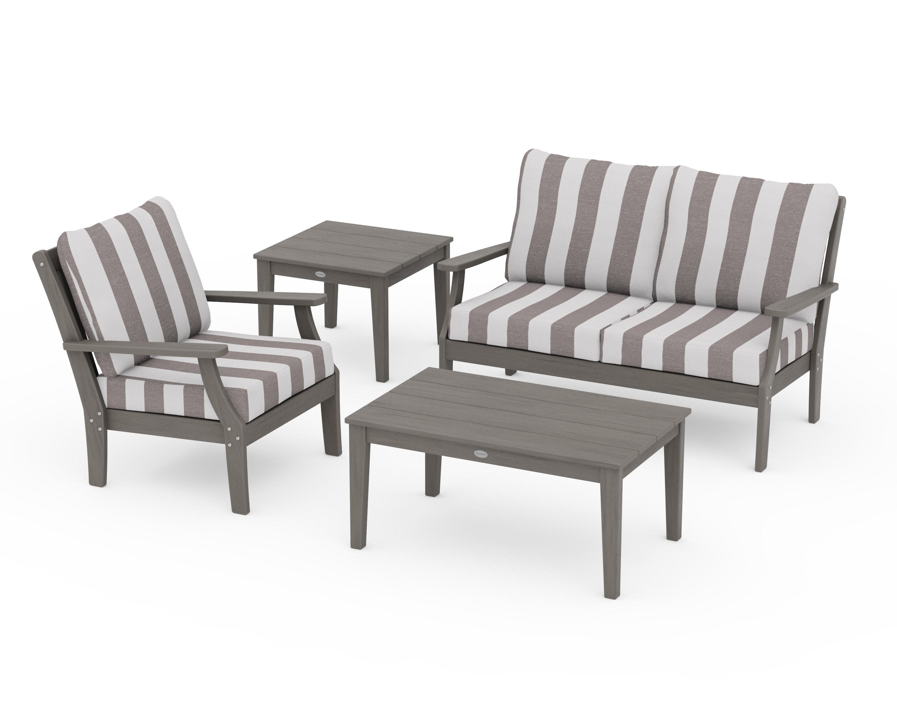 Braxton 4-Piece Deep Seating Set in Driftwood / Cabana Stripe Grey Mist