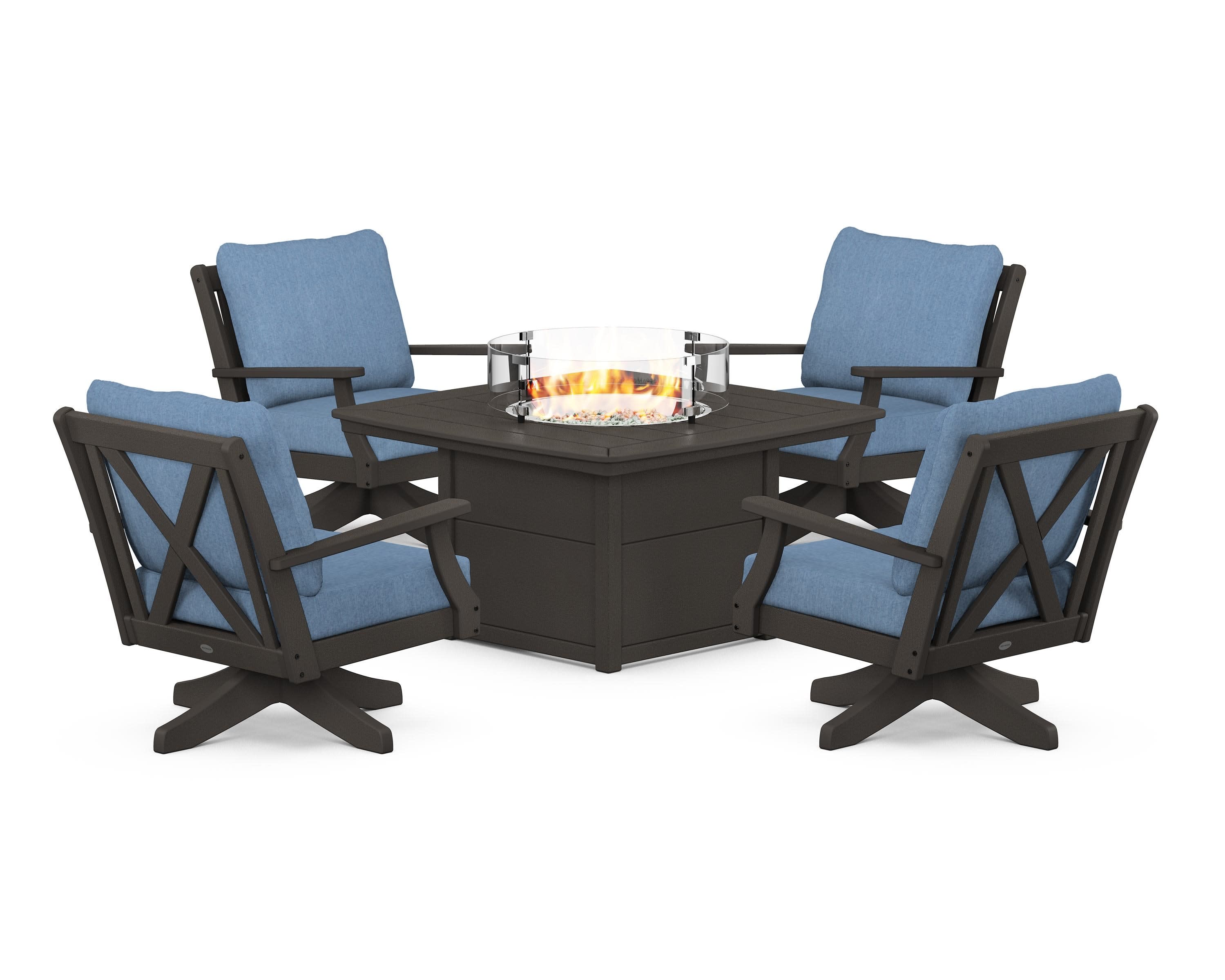 Braxton 5-Piece Deep Seating Swivel Conversation Set with Fire Pit Table in Vintage Coffee / Sky Blue