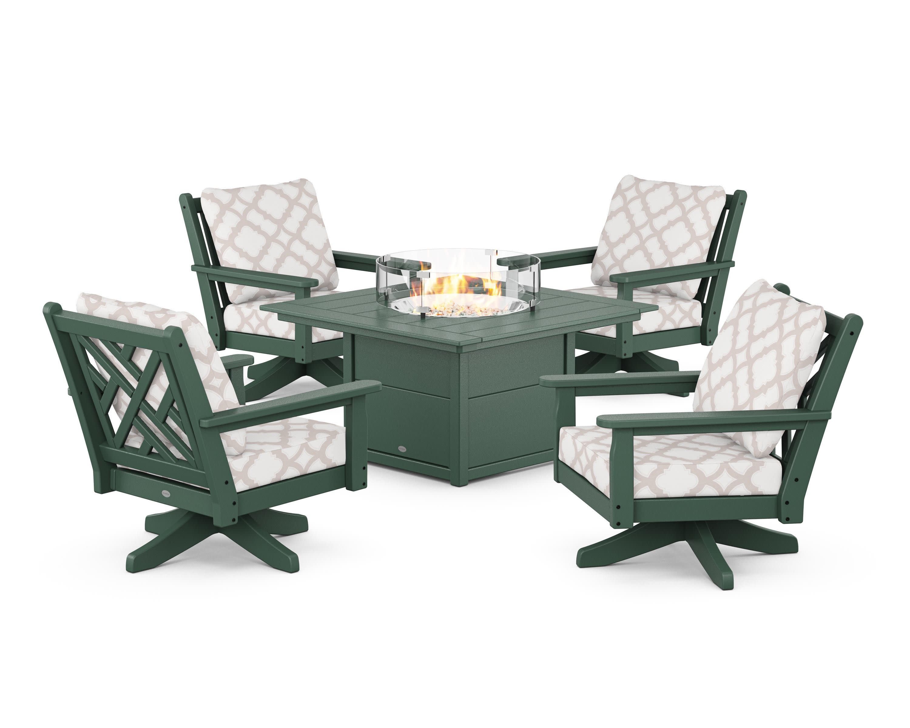 Chippendale 5-Piece Deep Seating Swivel Conversation Set with Fire Pit Table in Green / Trellis Dune Burlap