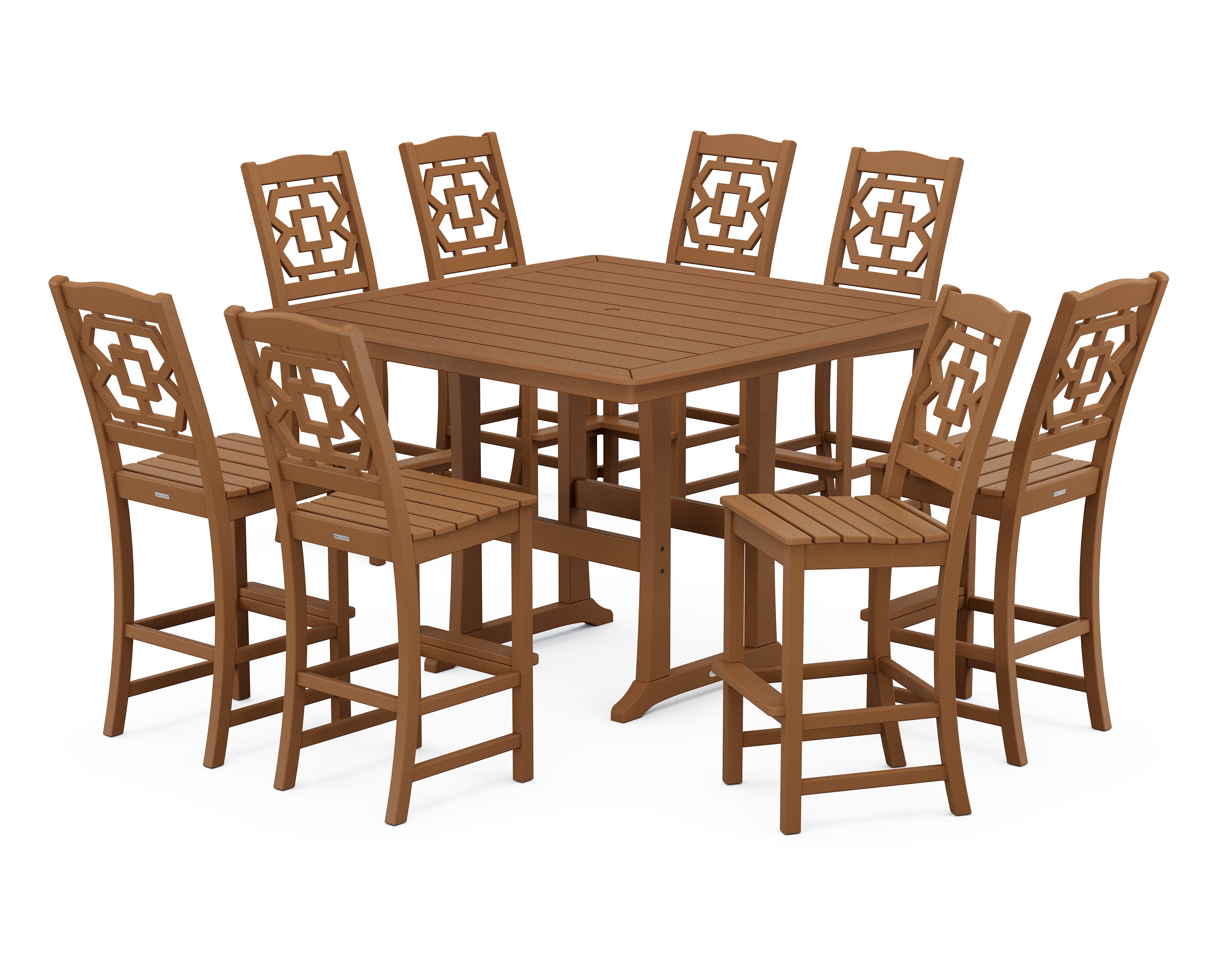 Chinoiserie 9-Piece Square Side Chair Bar Set with Trestle Legs in Teak